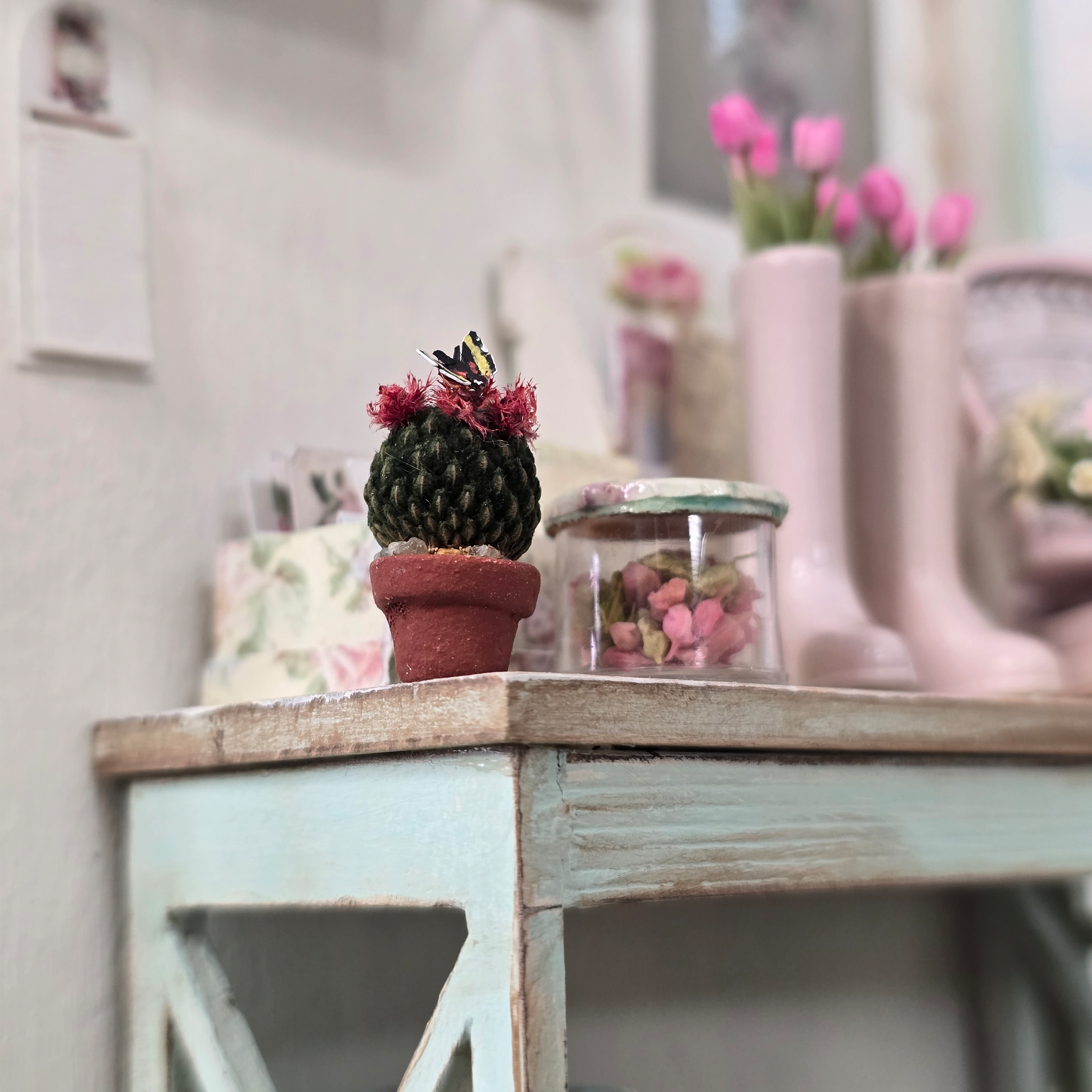 Pink Flowering Mammillaria Cactus Plant in Terracotta Planter with Butterfly Realistic