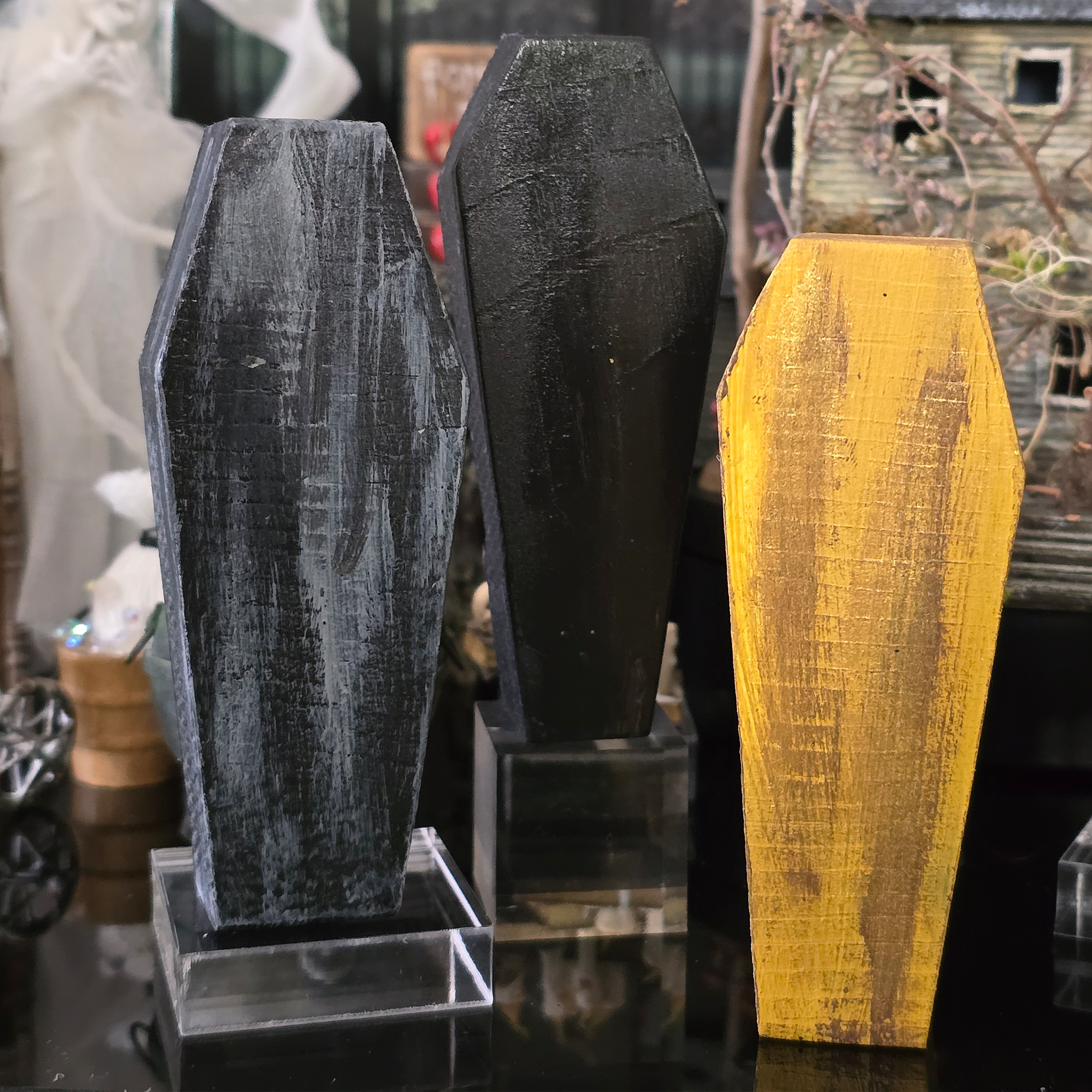 Miniature Coffin Trio OOAK Wooden Halloween Decor with Painted Skulls, Bats & Gothic Designs