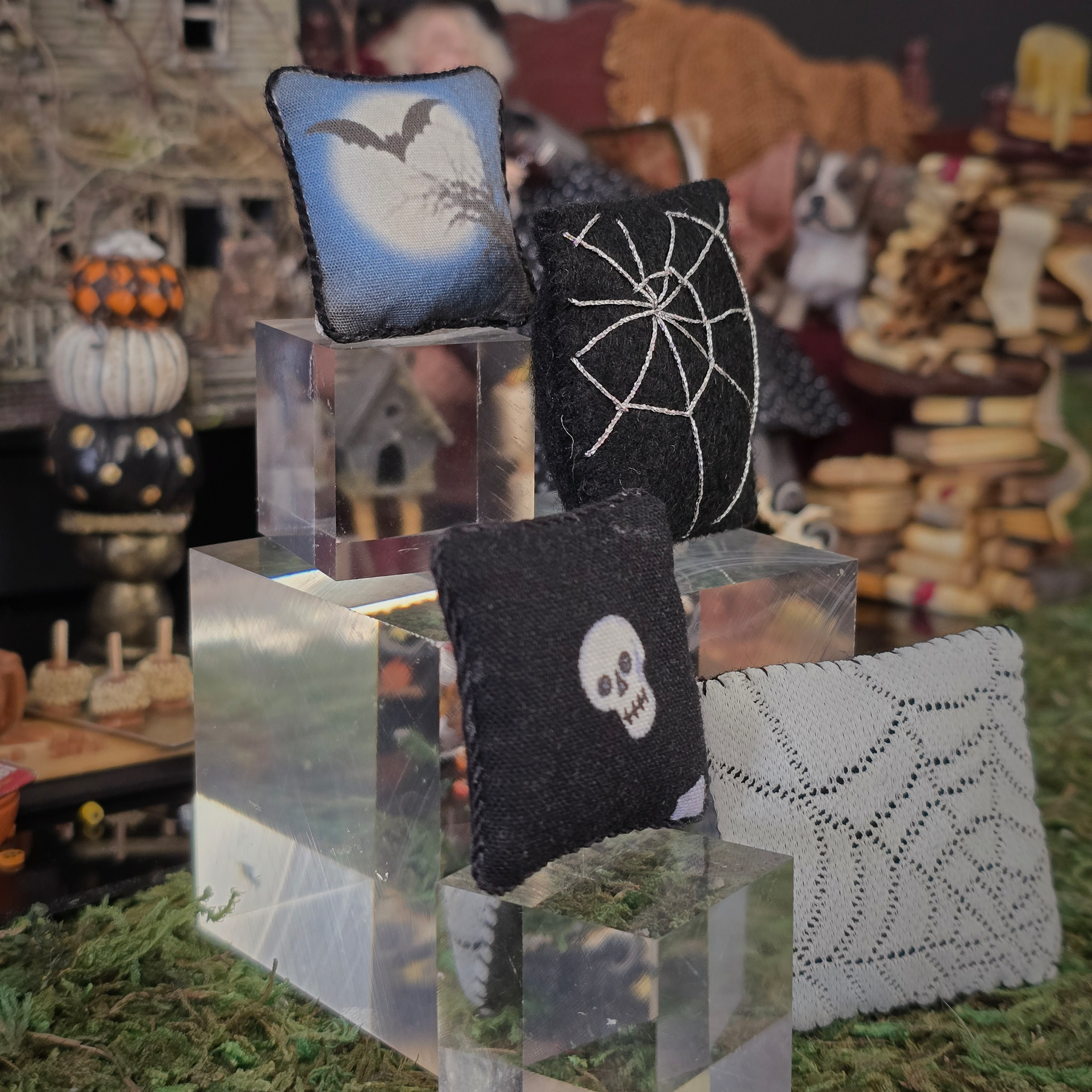 Halloween Pillow Set Artisan Handmade Miniature Spooky Decorative Cushions (Set of 4)