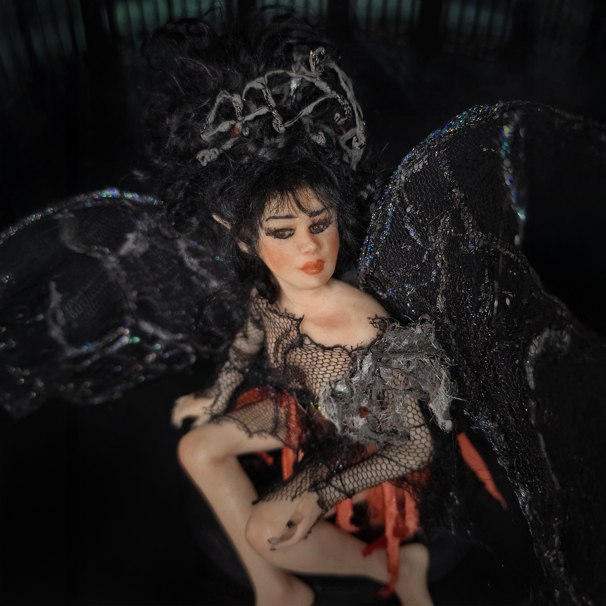 Dark Angel Fairy Doll OOAK Hand-Sculpted Clay Display Figure (6" Tall, Seated)