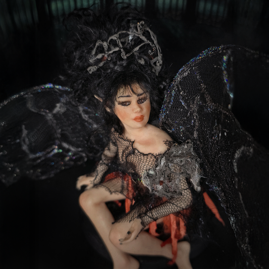 Dark Angel Fairy Doll OOAK Hand-Sculpted Clay Display Figure (6" Tall, Seated)