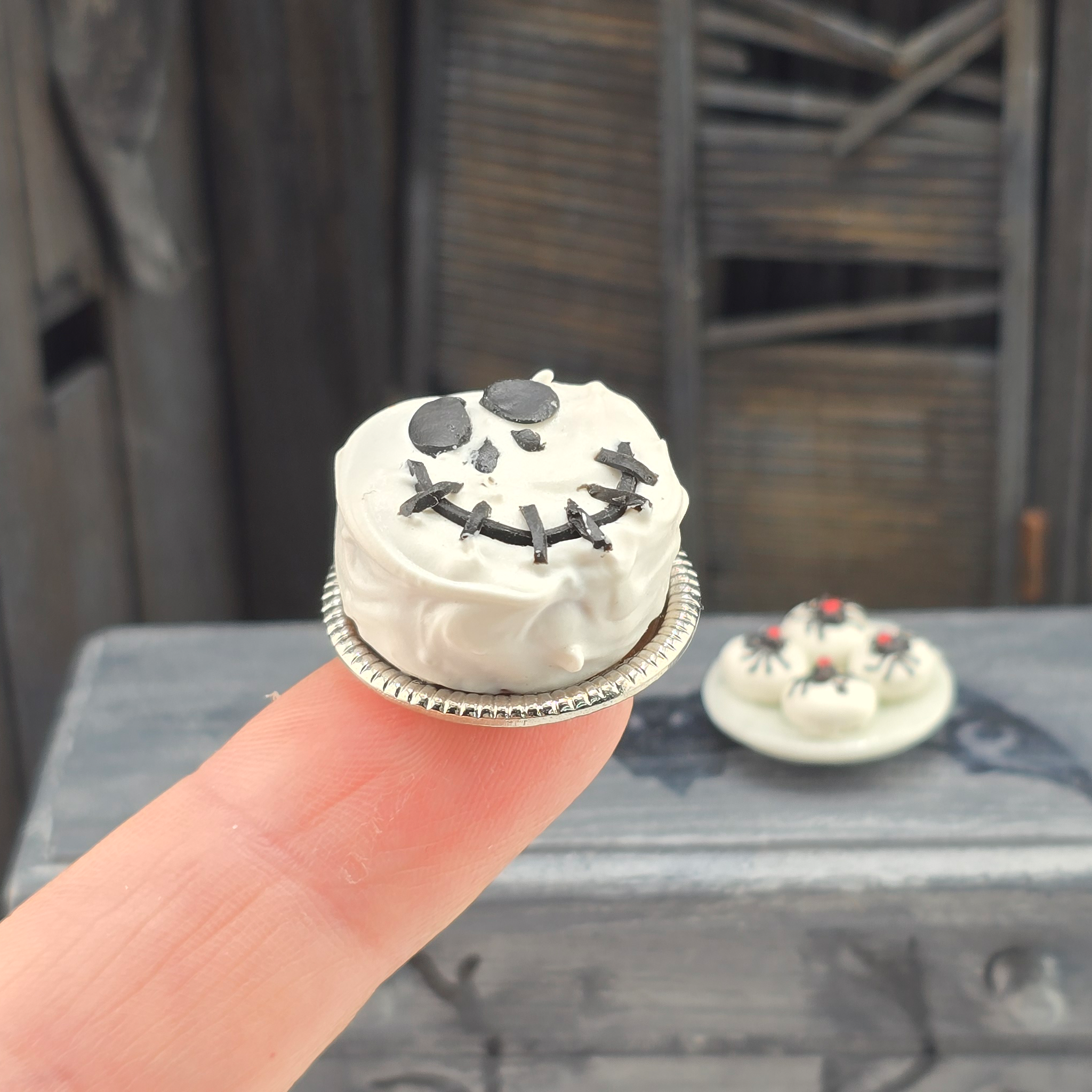 White Smiling Skeleton Cake & Black Widow Spider Cookies Miniature Halloween Dessert Set