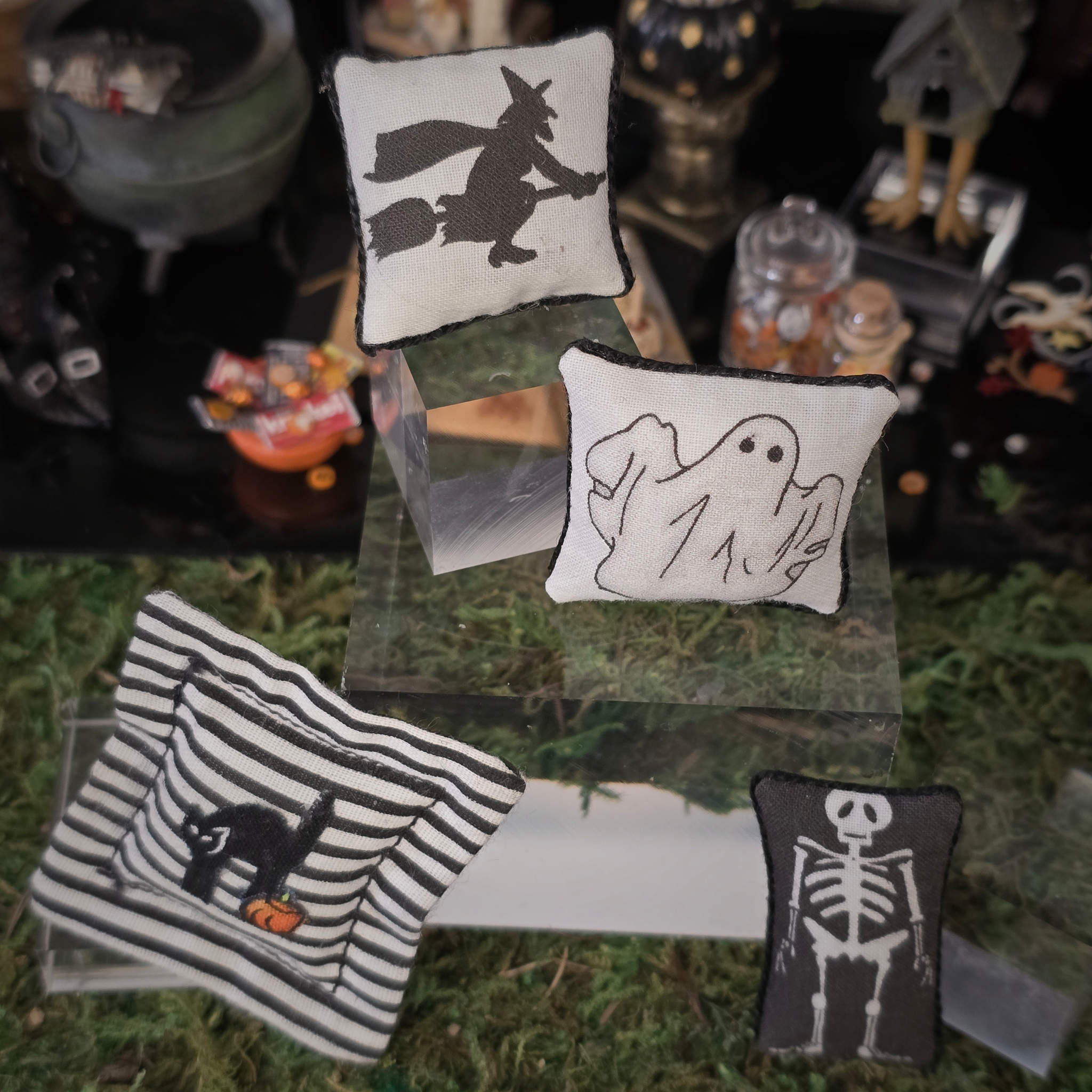 Halloween Black & White Pillow Set Artisan Handmade Decorative Cushions (Set of 4)