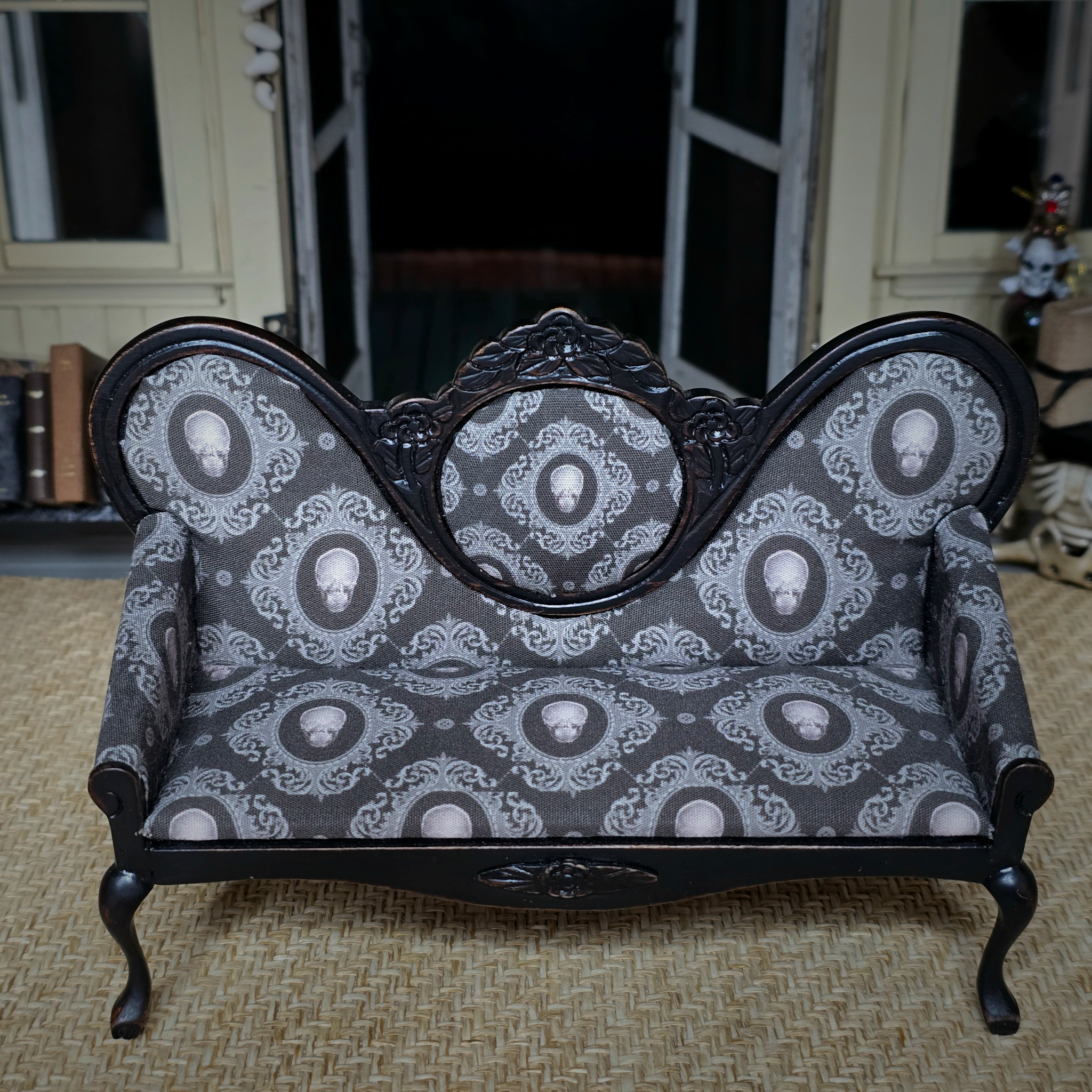 OOAK Upholstered Halloween Skull Gothic Black Victorian Settee Signed W. Krenzke
