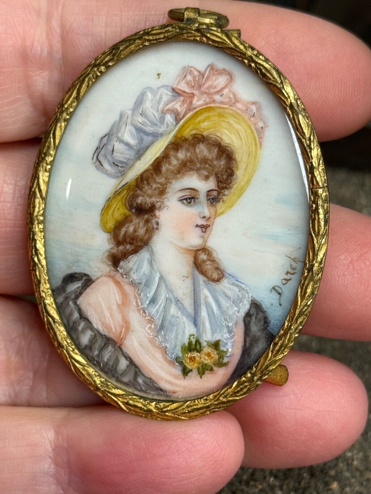 Antique Oval Framed Dollhouse Painted Portrait of Lady on Porcelain, close-up