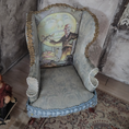 Load image into Gallery viewer, Custom Gothic Wingback Armchair Artist Signed OOAK Custom Upholstery of Halloween Skeleton
