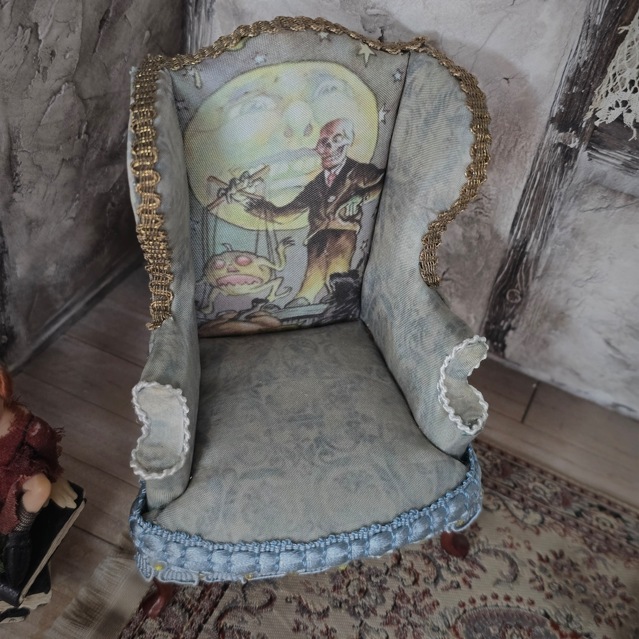Custom Gothic Wingback Armchair Artist Signed OOAK Custom Upholstery of Halloween Skeleton