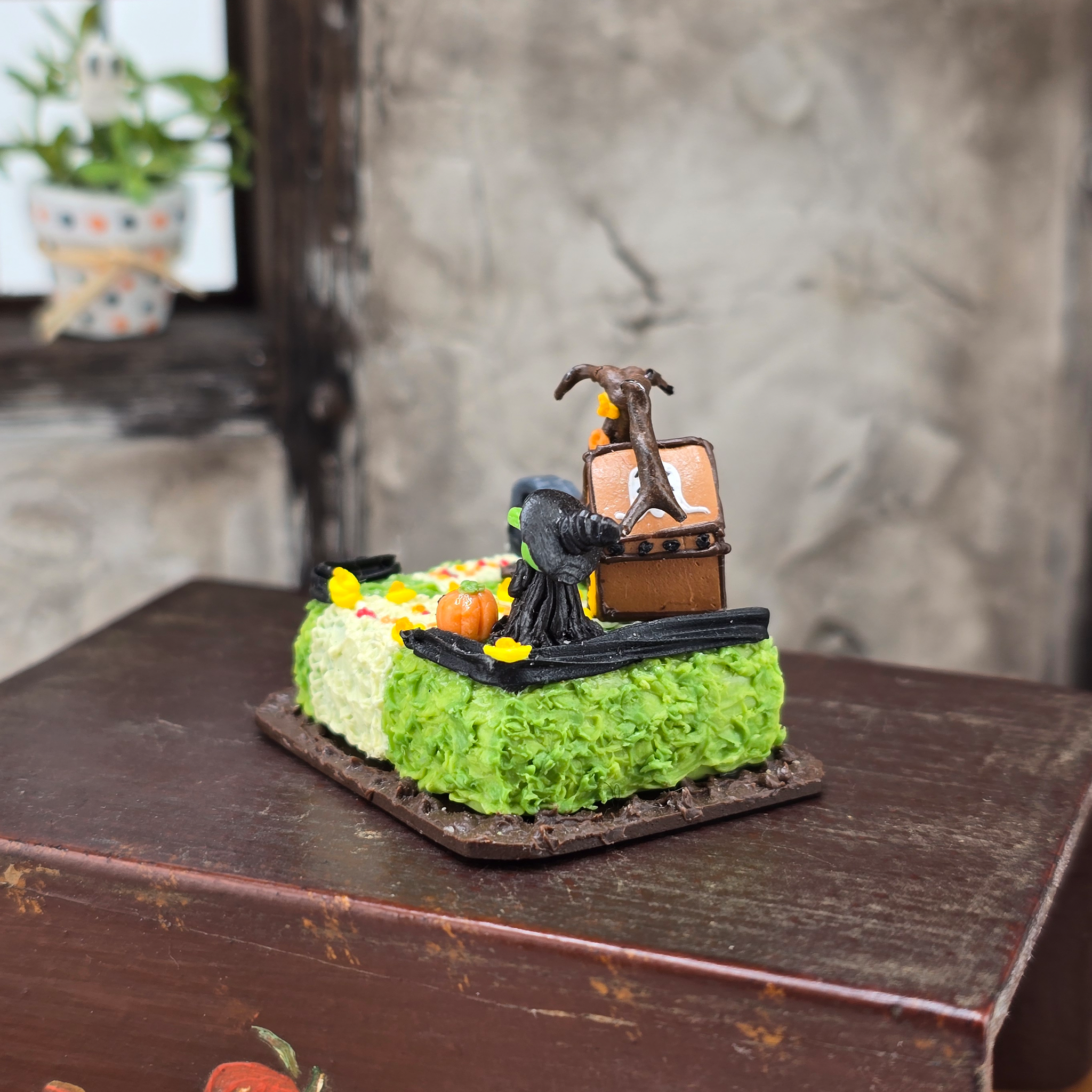 Halloween Cake OOAK Miniature with Haunted House, Tombstone, Pumpkin & Witch Fall Decor
