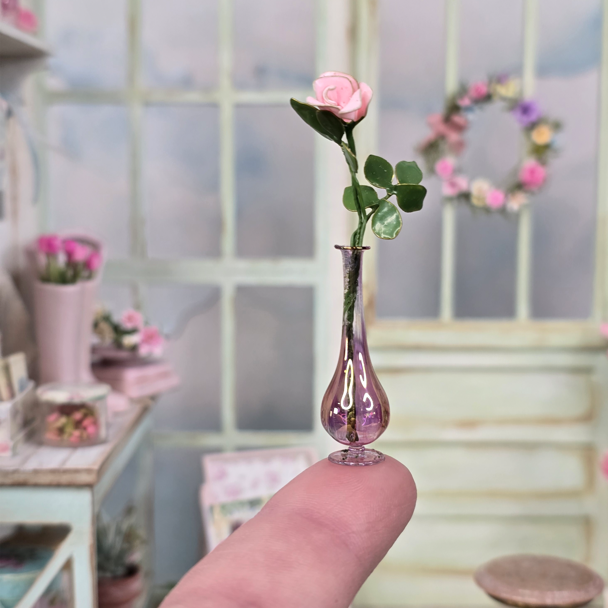 Single Long-Stemmed Enameled Pink Rose in Pink Glass Bud Vase