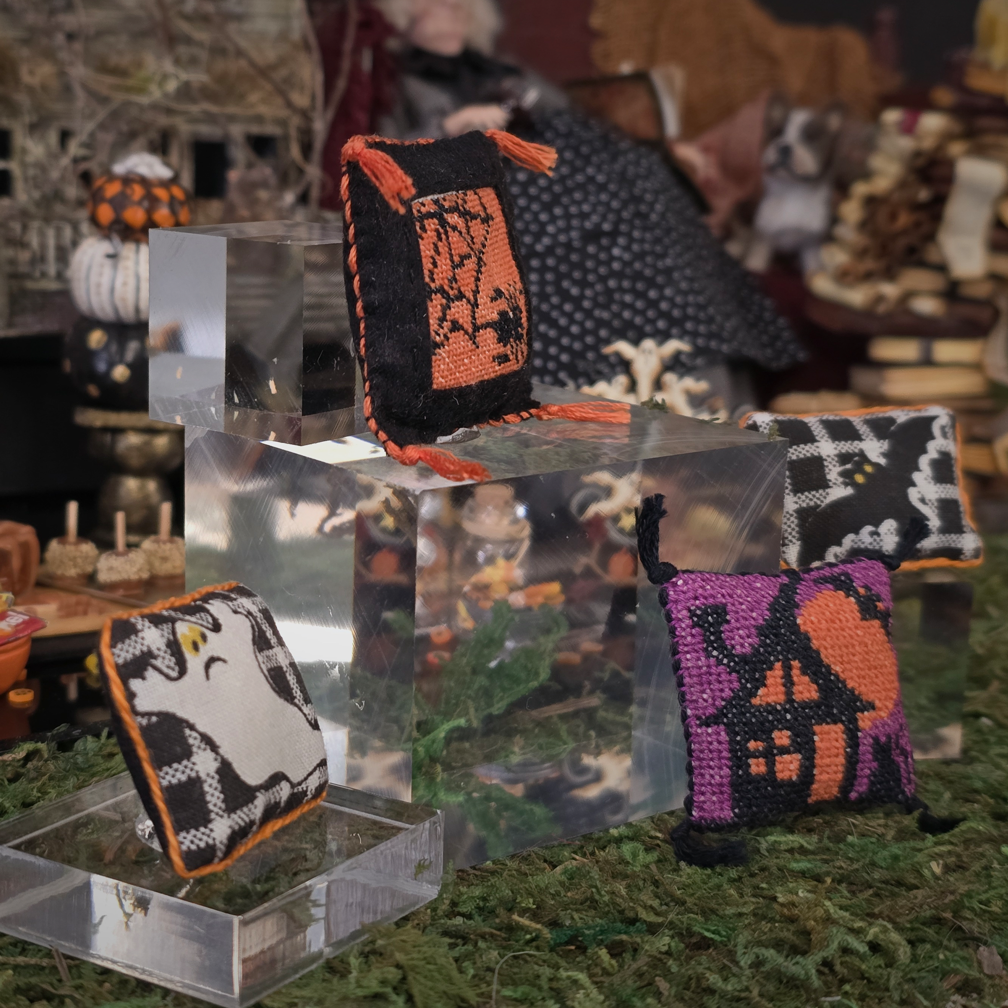 Halloween Pillow Set Artisan Handmade Miniature Needlepoint Decorative Cushions (Set of 4)