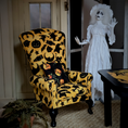 Load image into Gallery viewer, Kris Compas Yellow & Black Upholstered Halloween Print Wing Back Armchair, Pillow & Table
