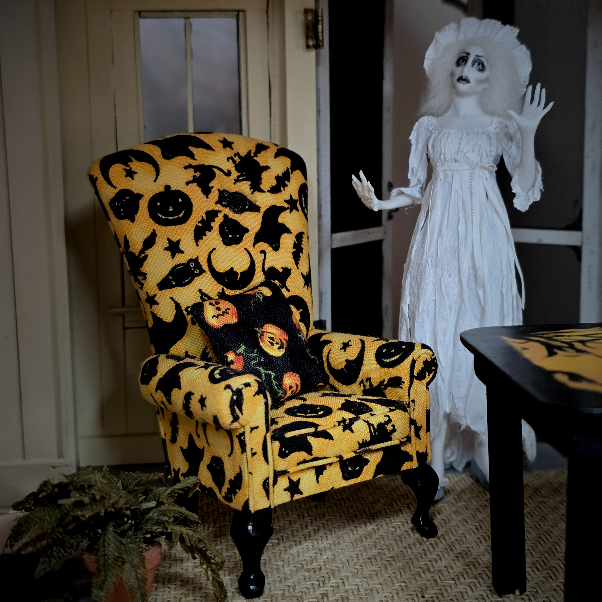 Kris Compas Yellow & Black Upholstered Halloween Print Wing Back Armchair, Pillow & Table