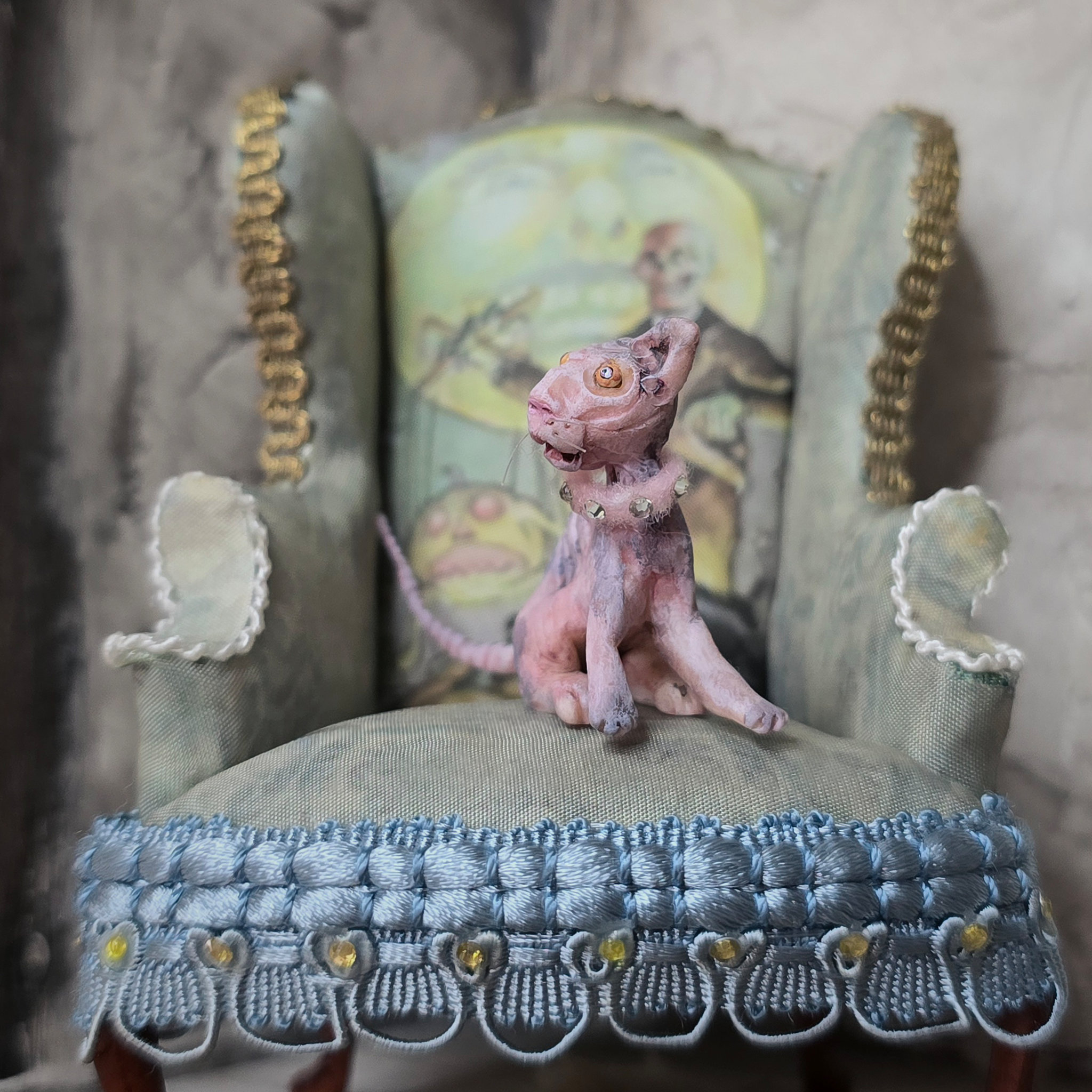 Hairless Spotted Sphynx Pink Grey Cat Spooky OOAK Artisan Miniature Dollhouse Pet Figure