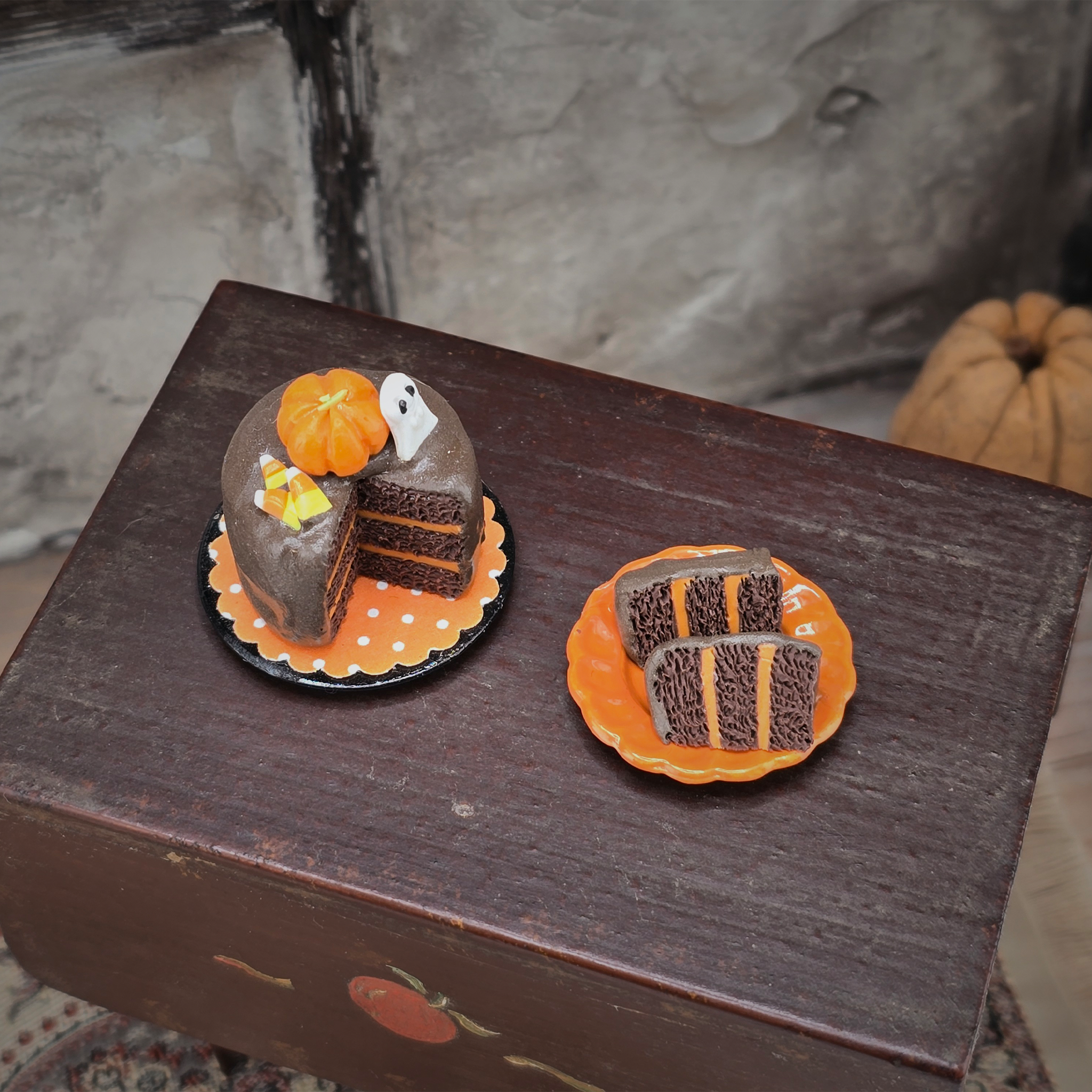 Halloween Ghost & Pumpkin Chocolate Cake OOAK Dessert & Extra Slice