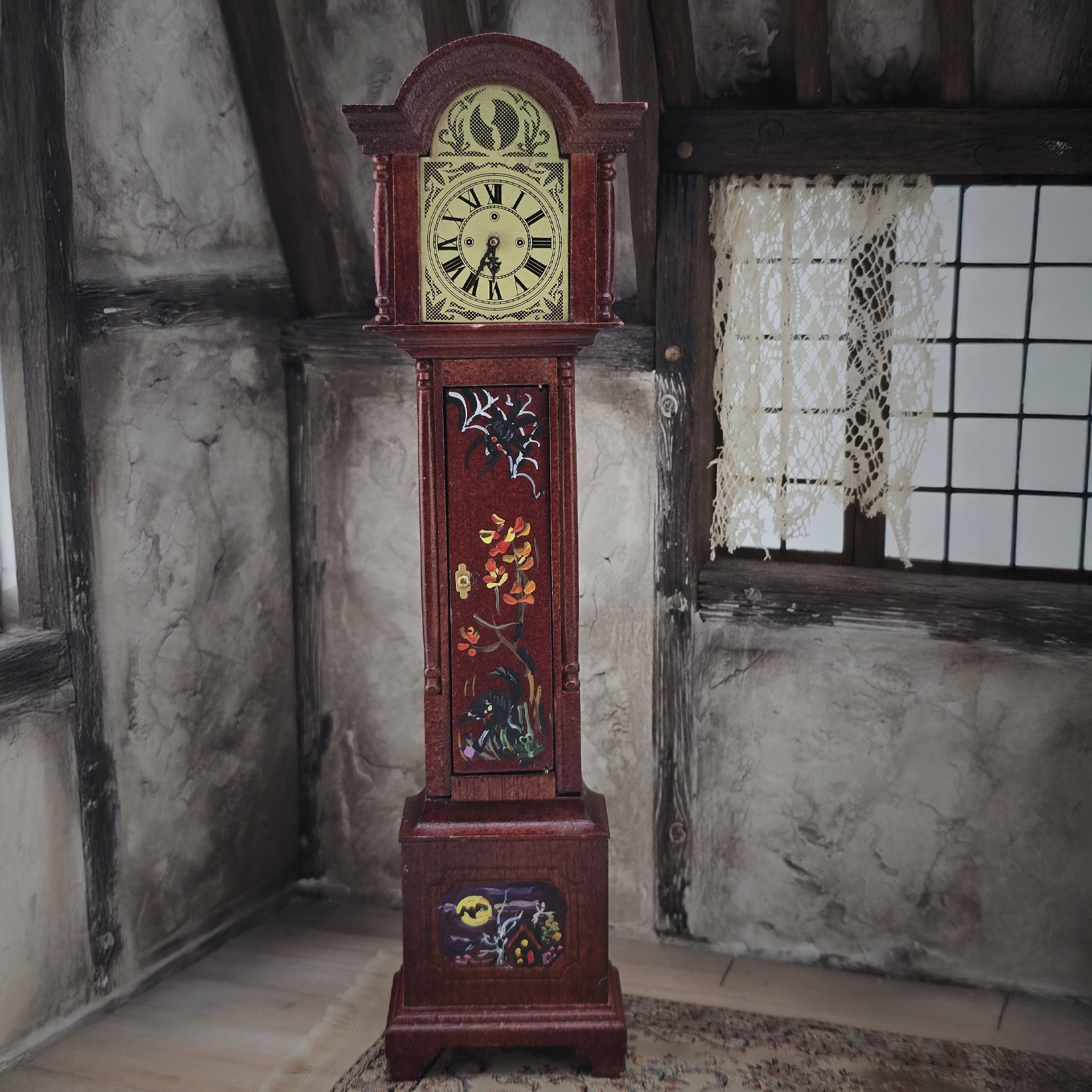 Wizard’s Grandfather Clock Hand-Carved Wood with Painted Halloween Motifs, Signed