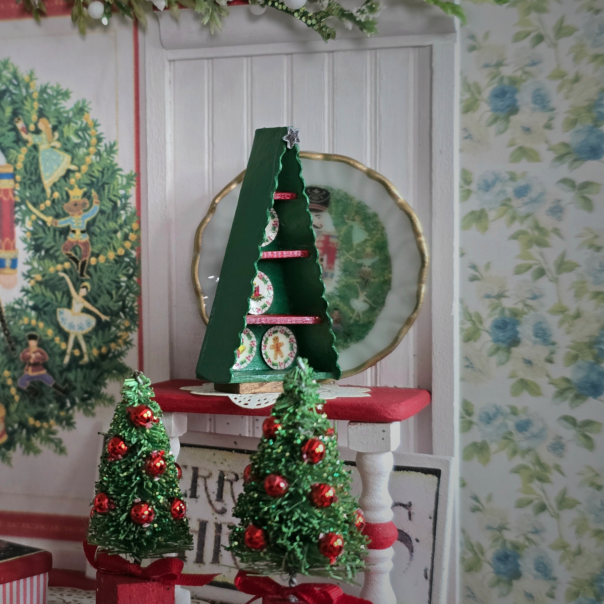 Signed Dollhouse Miniature Christmas Tree-Shaped Plate Display Box side view in festive room