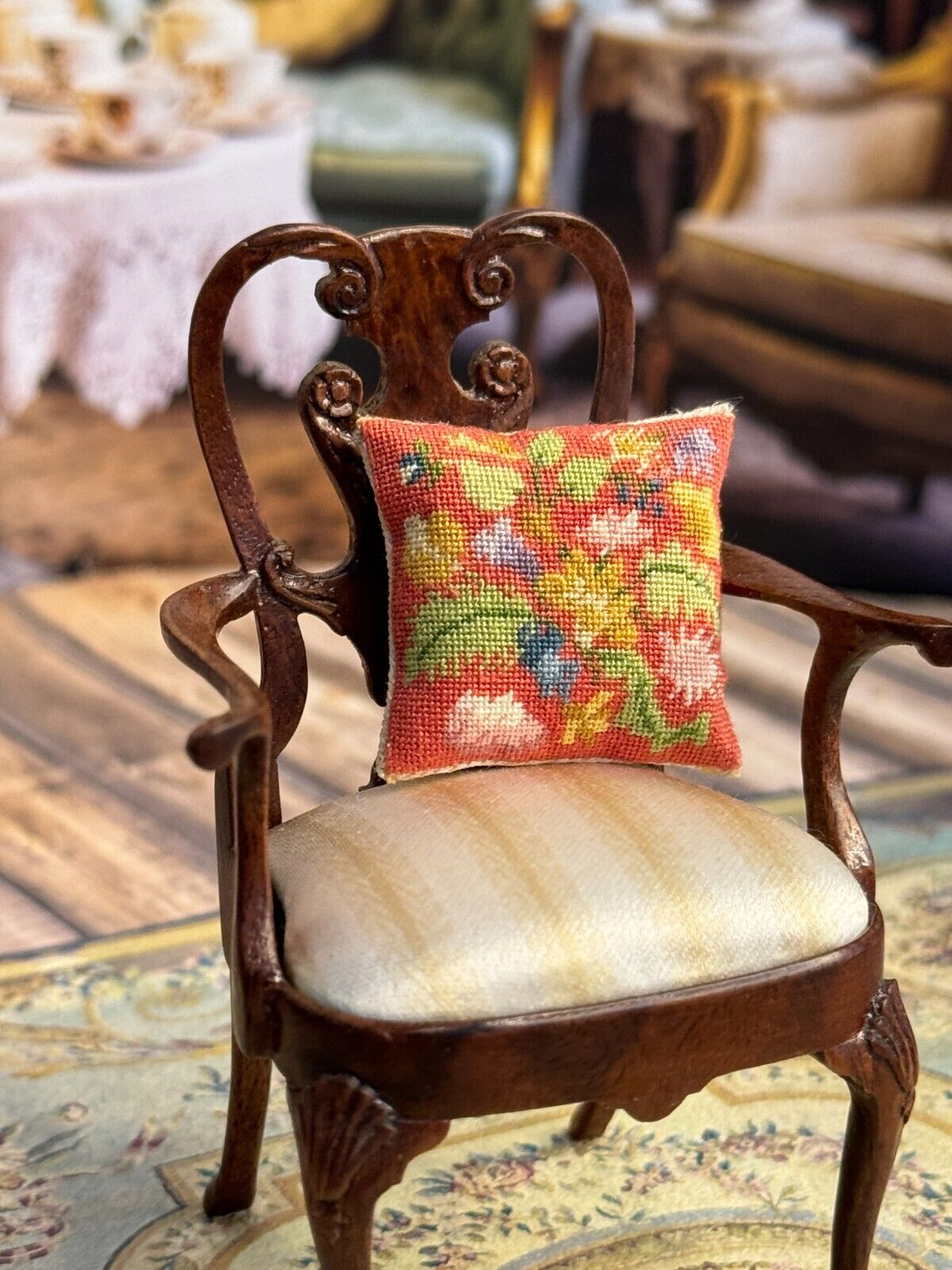 Floral Micro Petit Point Needlepoint Pillow Sharon Garmize OOAK, in chair