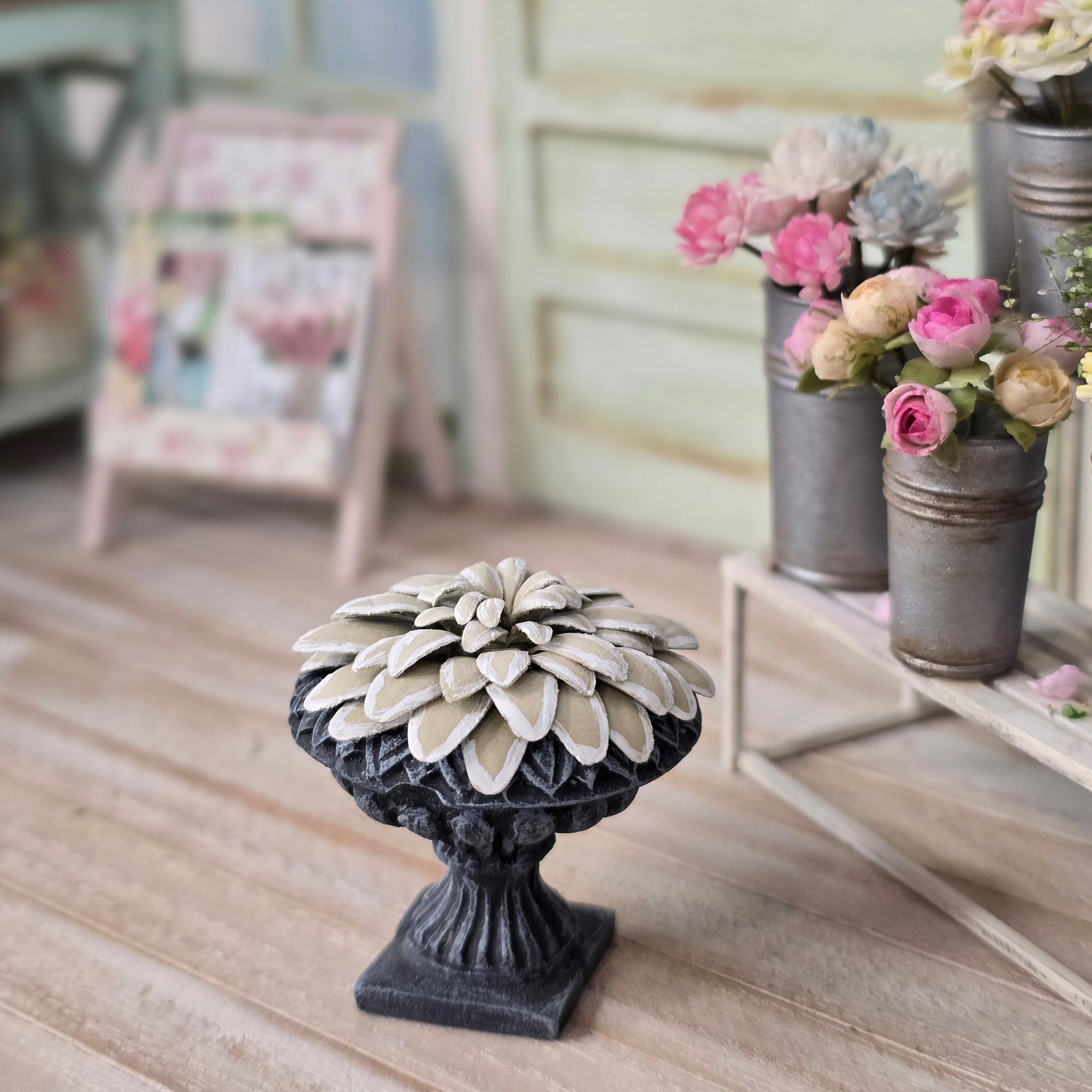 Potted Leafy Painted Paper Plant in Footed Clay Garden Urn Vintage Artisan