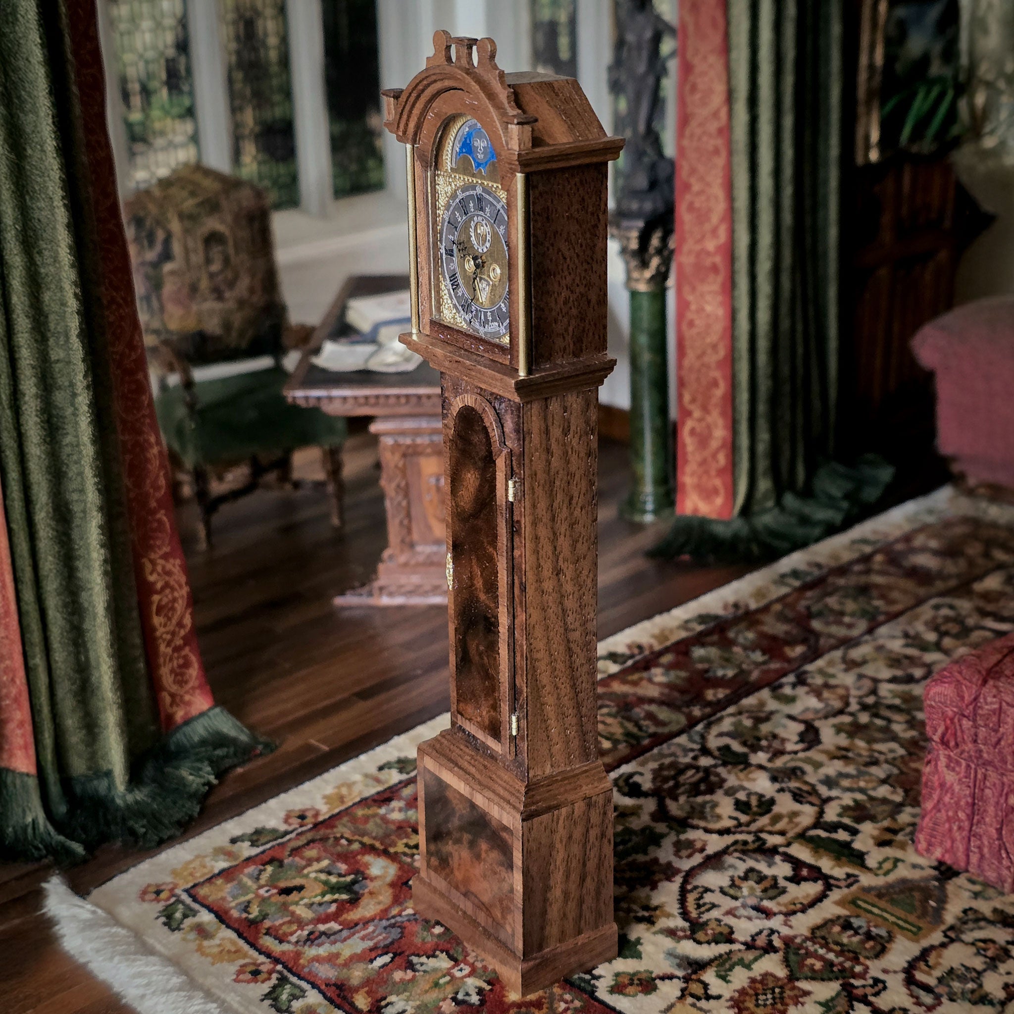 Wooden grandfather clock in a room with patterned rug and curtains