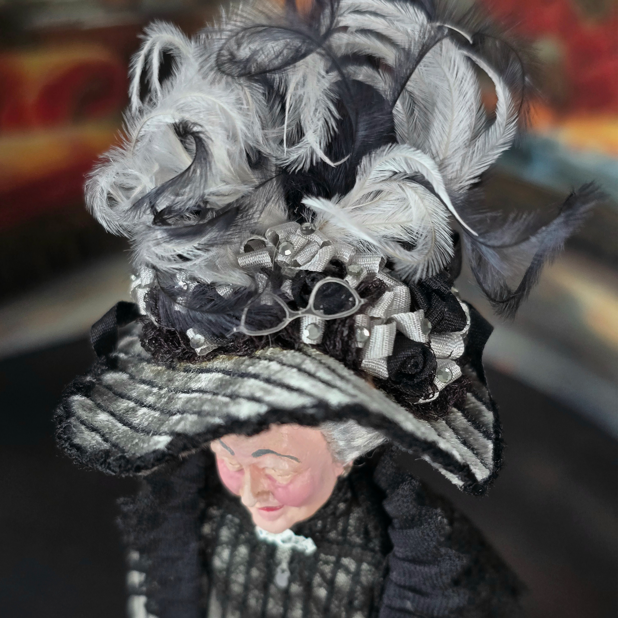 RESERVED FOR RICK: Victorian Lady Silver Black Silk Gown & Hatbox Original Marcia Backstrom Dollhouse Doll