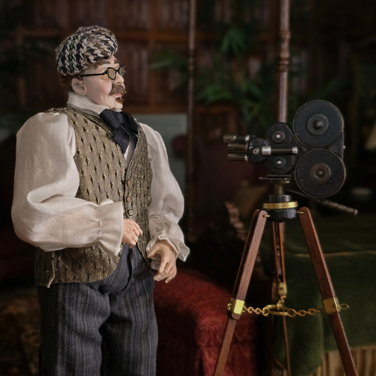 Actor Cecil B. DeMille & Camera Tripod Original Clay Dollhouse Man Doll