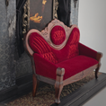 Load image into Gallery viewer, Victorian Red Velvet Upholstered Sofa OOAK Carved Miniature with Hand Tufted Details
