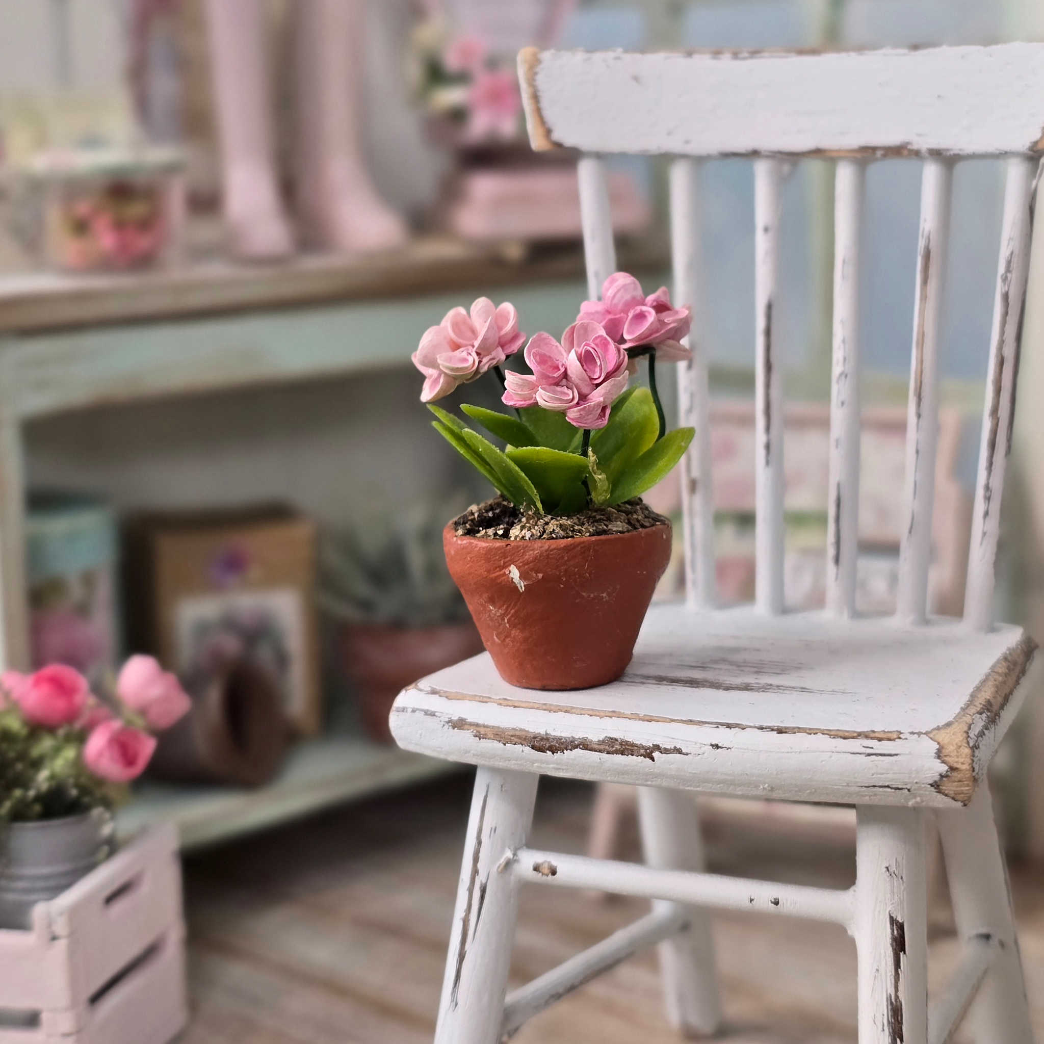 Potted Pink Geranium Plant Seashell Flowering Houseplant Vintage Artisan