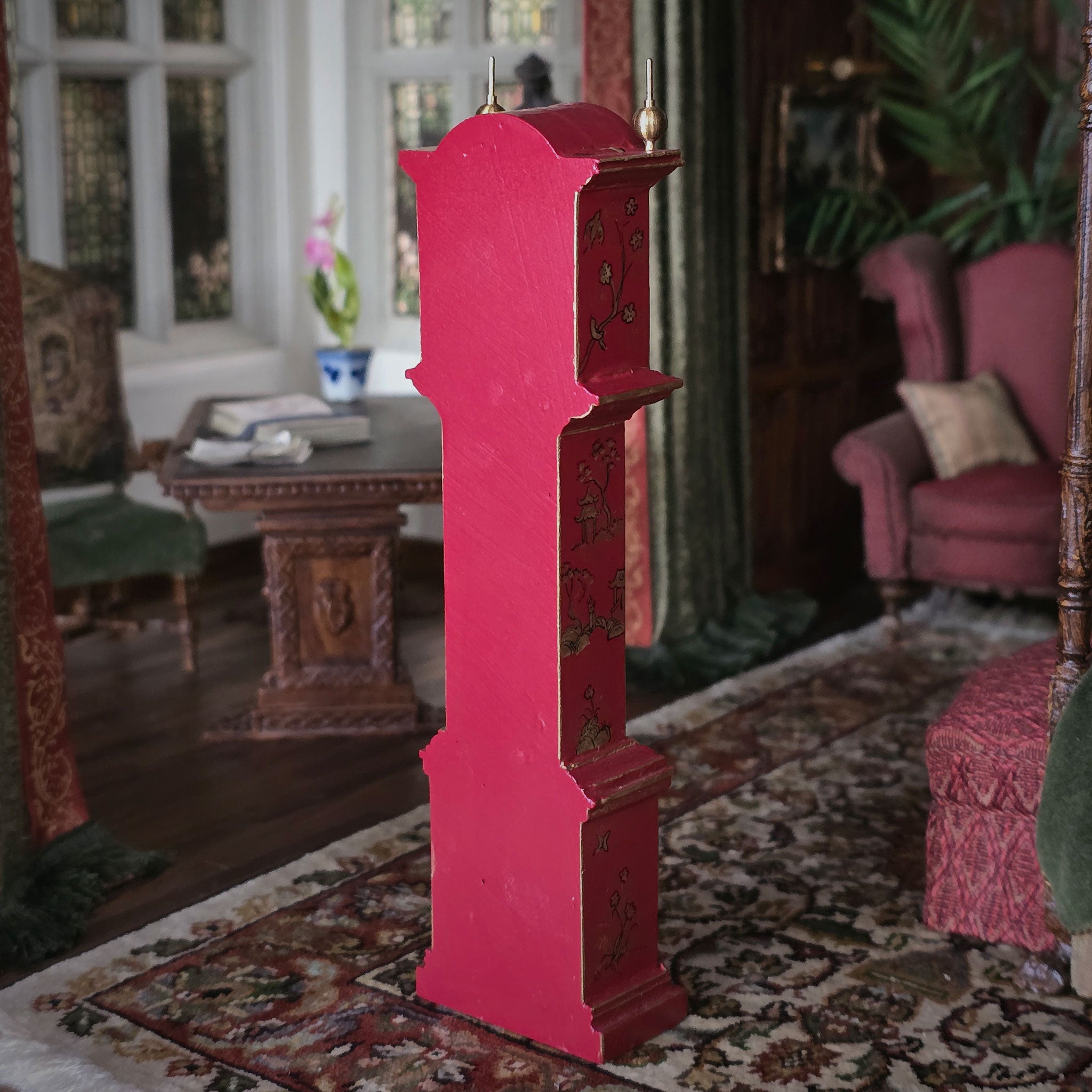 Pollie Simpson Gilt Red Hand Painted Chinese Asian Oriental Chinoiserie Grandfather Clock 1979