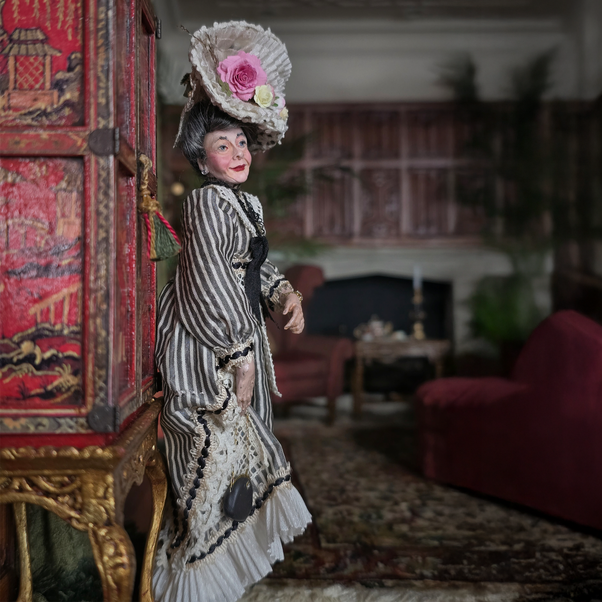 RESERVED FOR RICK: Wealthy Noblewoman Victorian Doll Striped Gown Original Marcia Backstrom Sculpted Clay Dollhouse