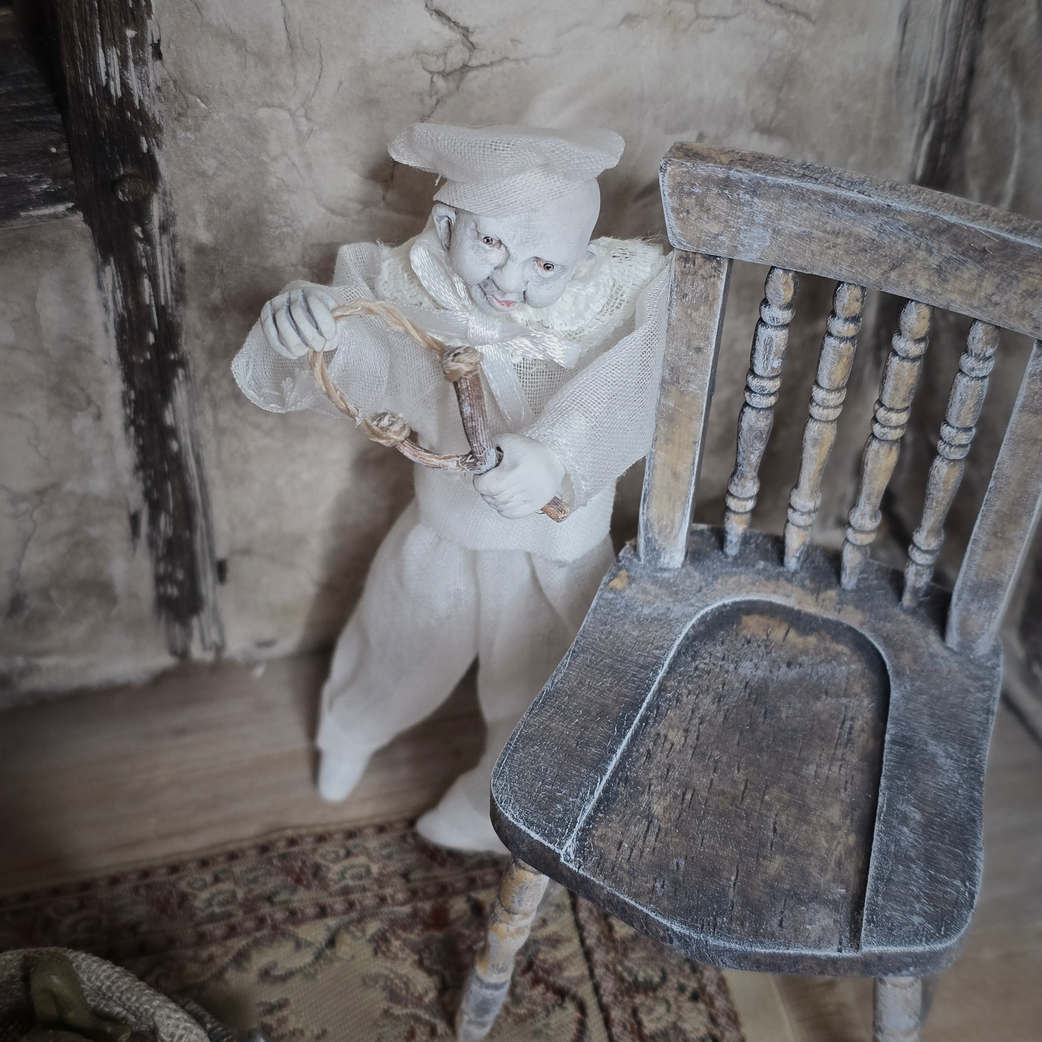 Edwardian Boy Ghost Doll OOAK Haunted Miniature Child with Slingshot & Chair by Pat Benedict