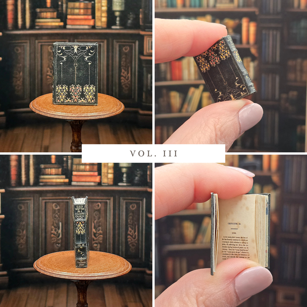 Collage of a miniature book with decorative cover and open pages, held by a hand in a library setting.