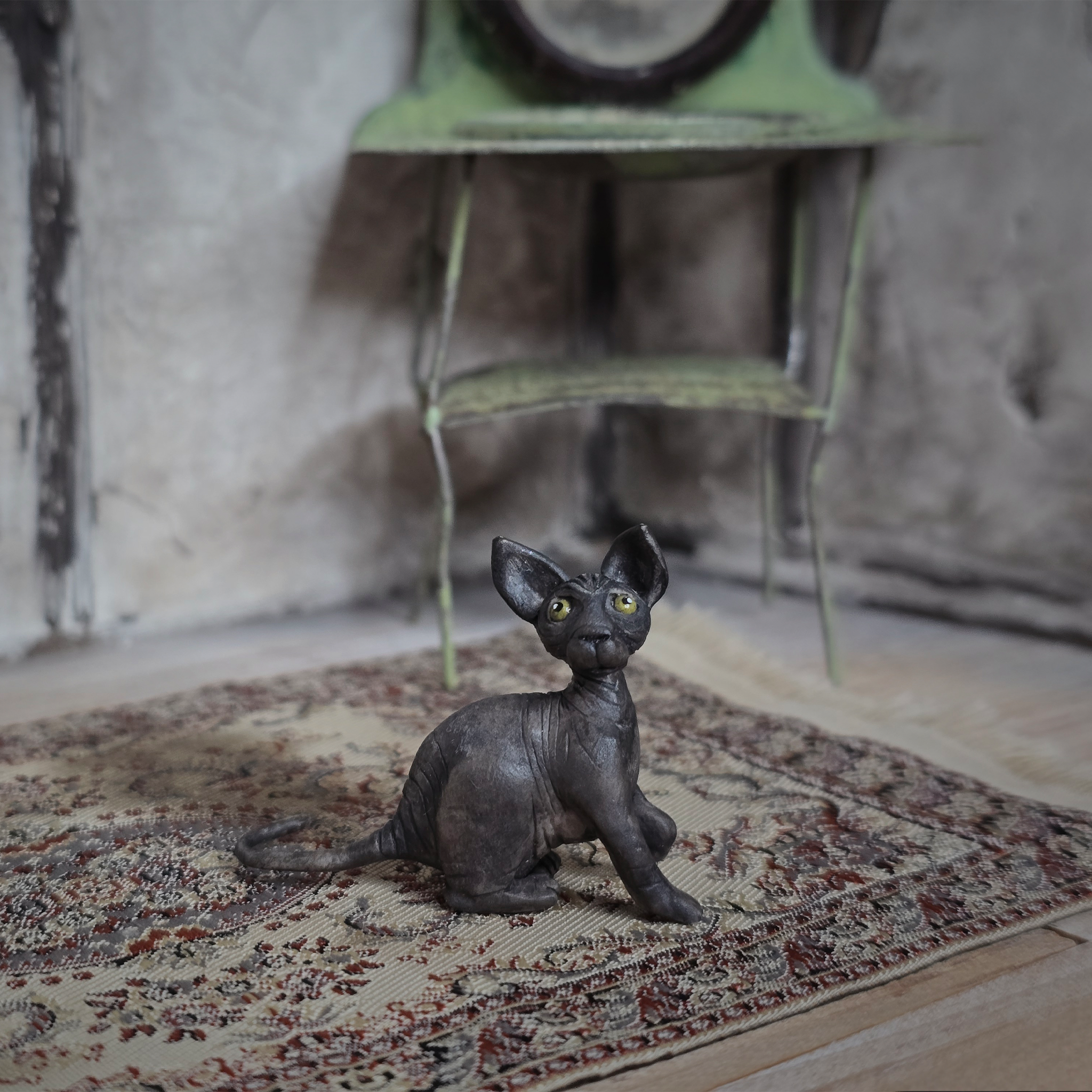 Hairless Spooky Sphynx Black Cat Statue OOAK Artisan Miniature Dollhouse Pet Figure (2011)