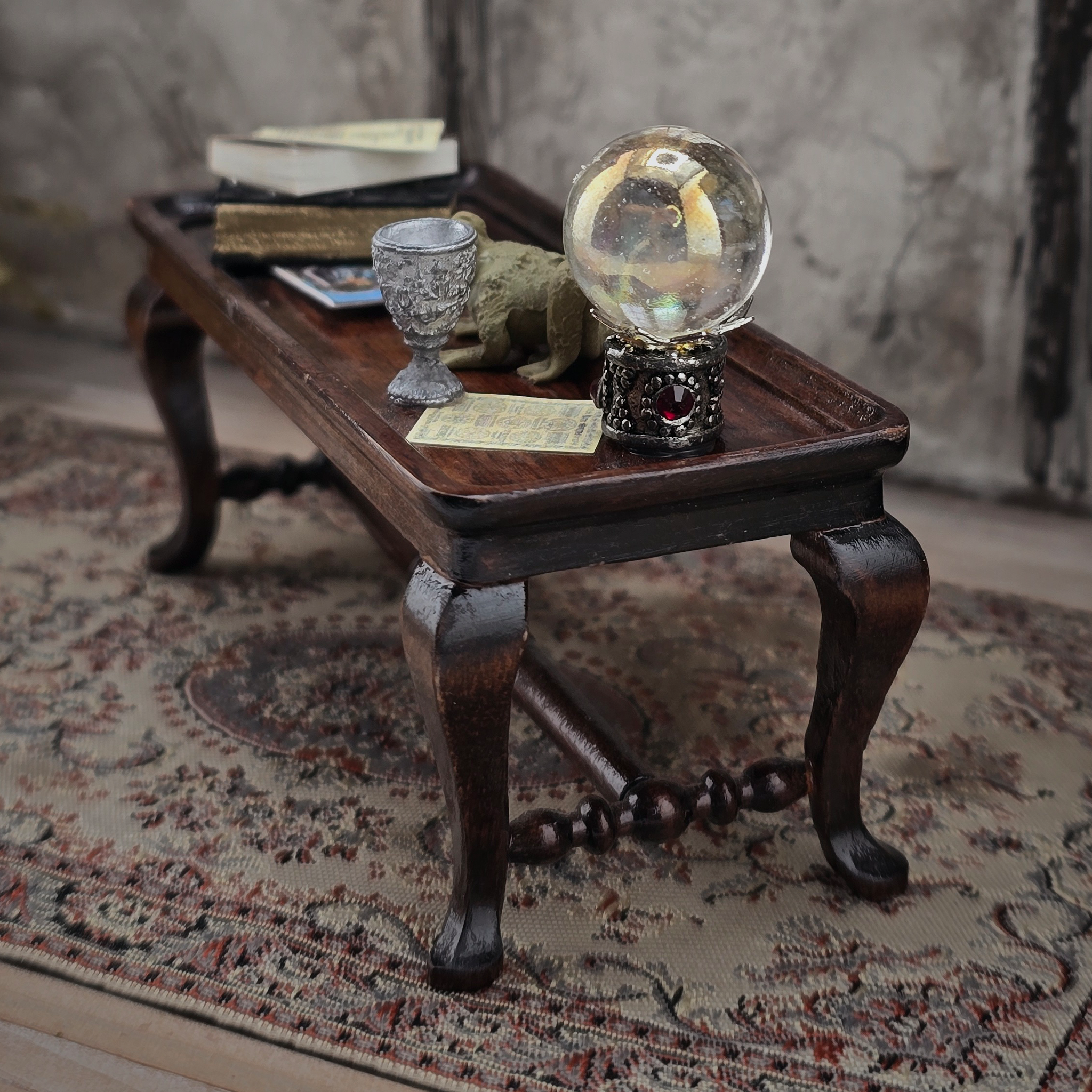 Dressed Halloween Carved Wood Coffee Table Dark Walnut Finish with Chalice, Books, Crystal Ball & Toad