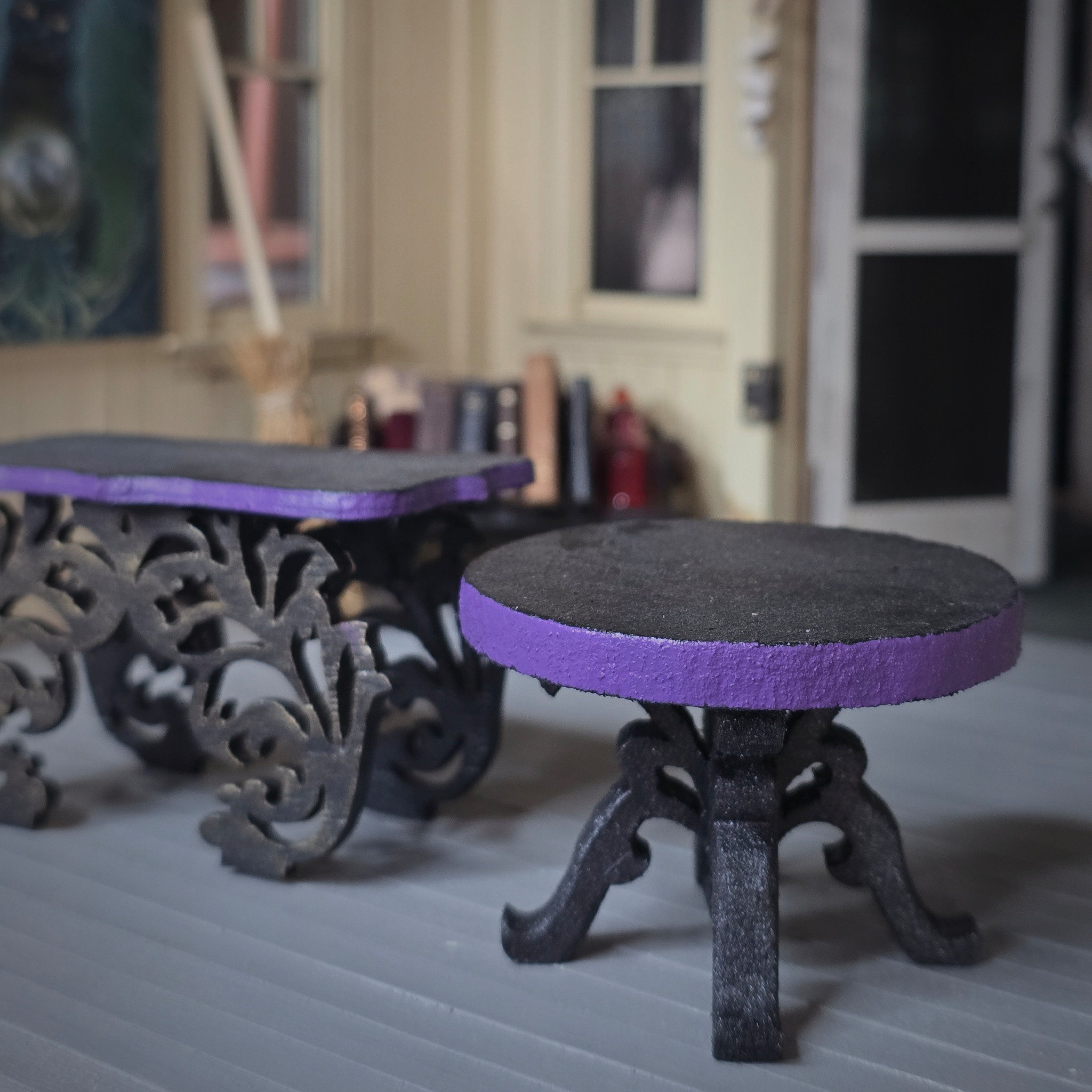 Pair of Ornate Gothic Accent Tables Carved Wood Handmade Furniture in Black & Purple