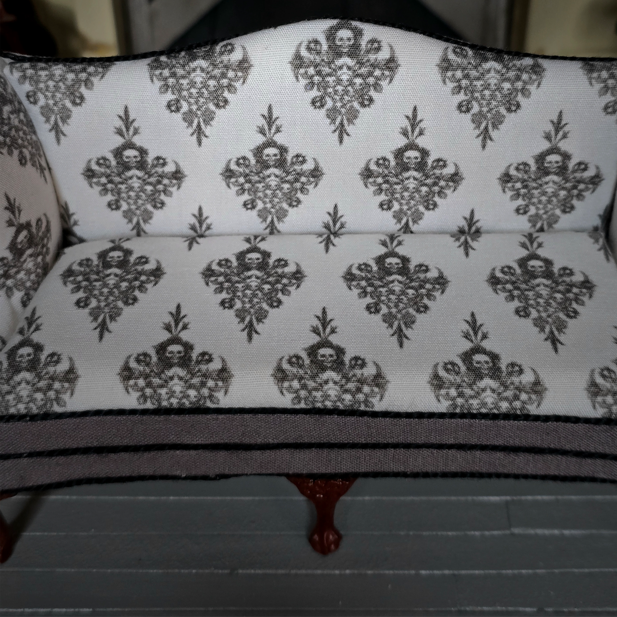 Signed Gothic Halloween Five Leg Victorian Sofa OOAK Skull Damask Custom Upholstered Bespaq