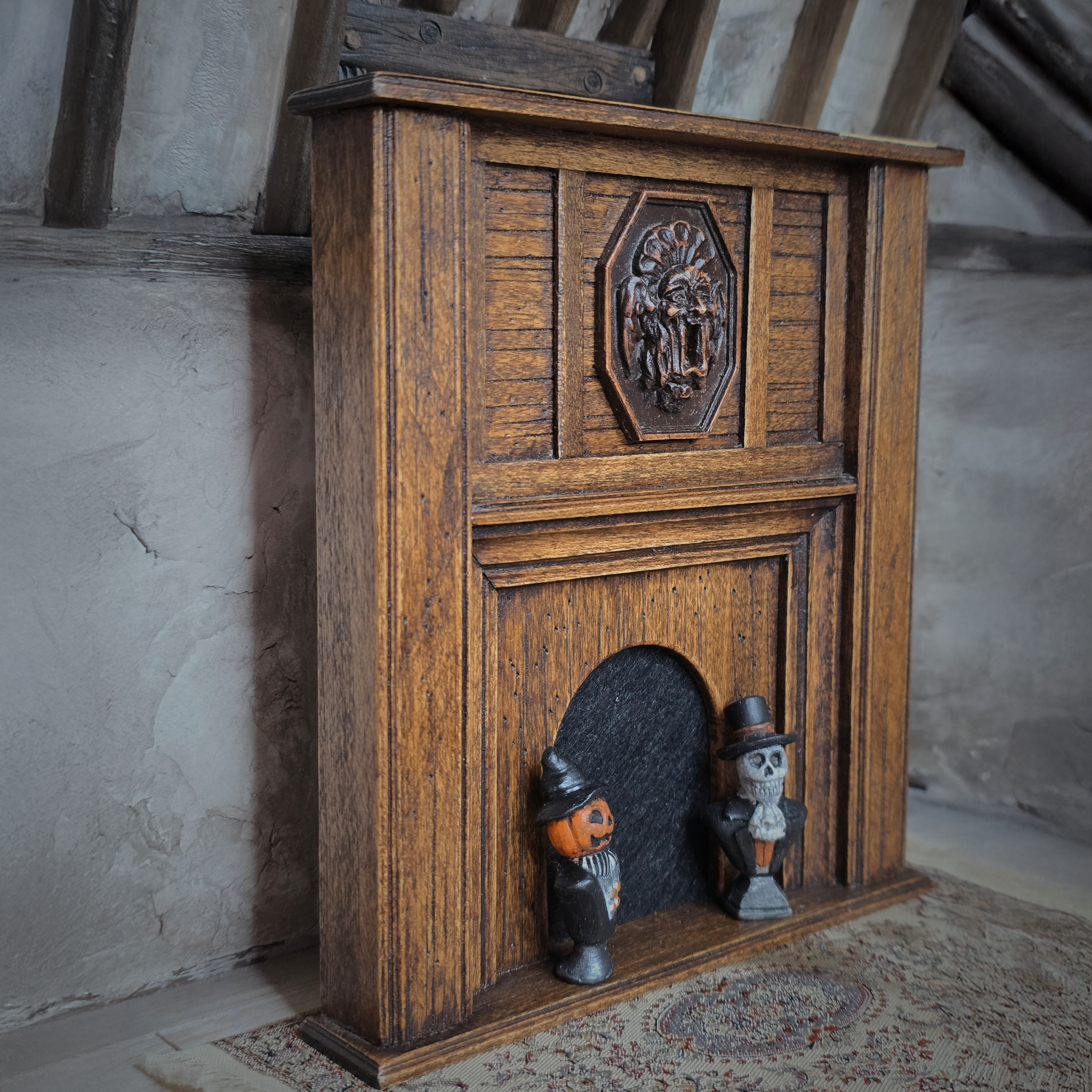Carved Walnut Halloween Fireplace Mantel Signed OOAK with Jack-o’-Lantern & Skeleton Figures