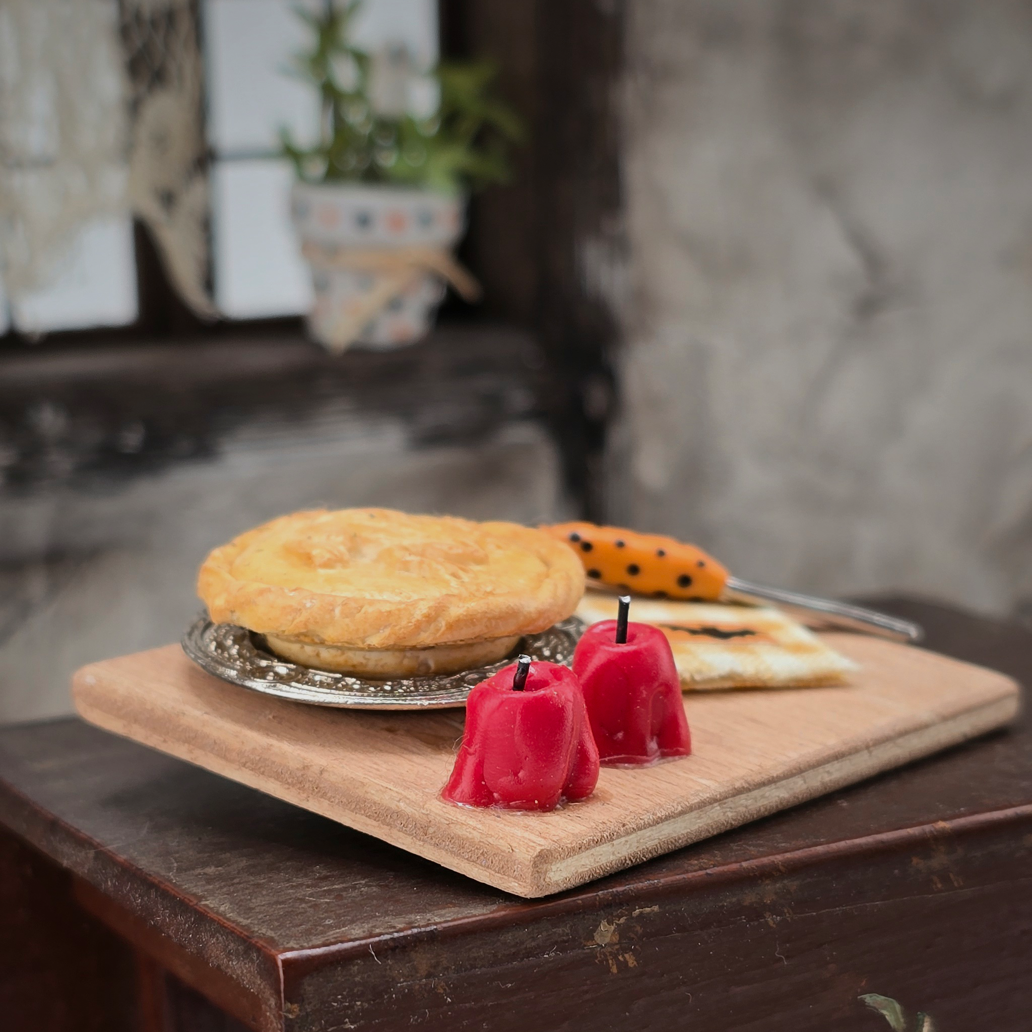 Fall Dessert Baking Diorama OOAK Miniature with Rustic Frog Pie, Candied Apples & Bat Towel