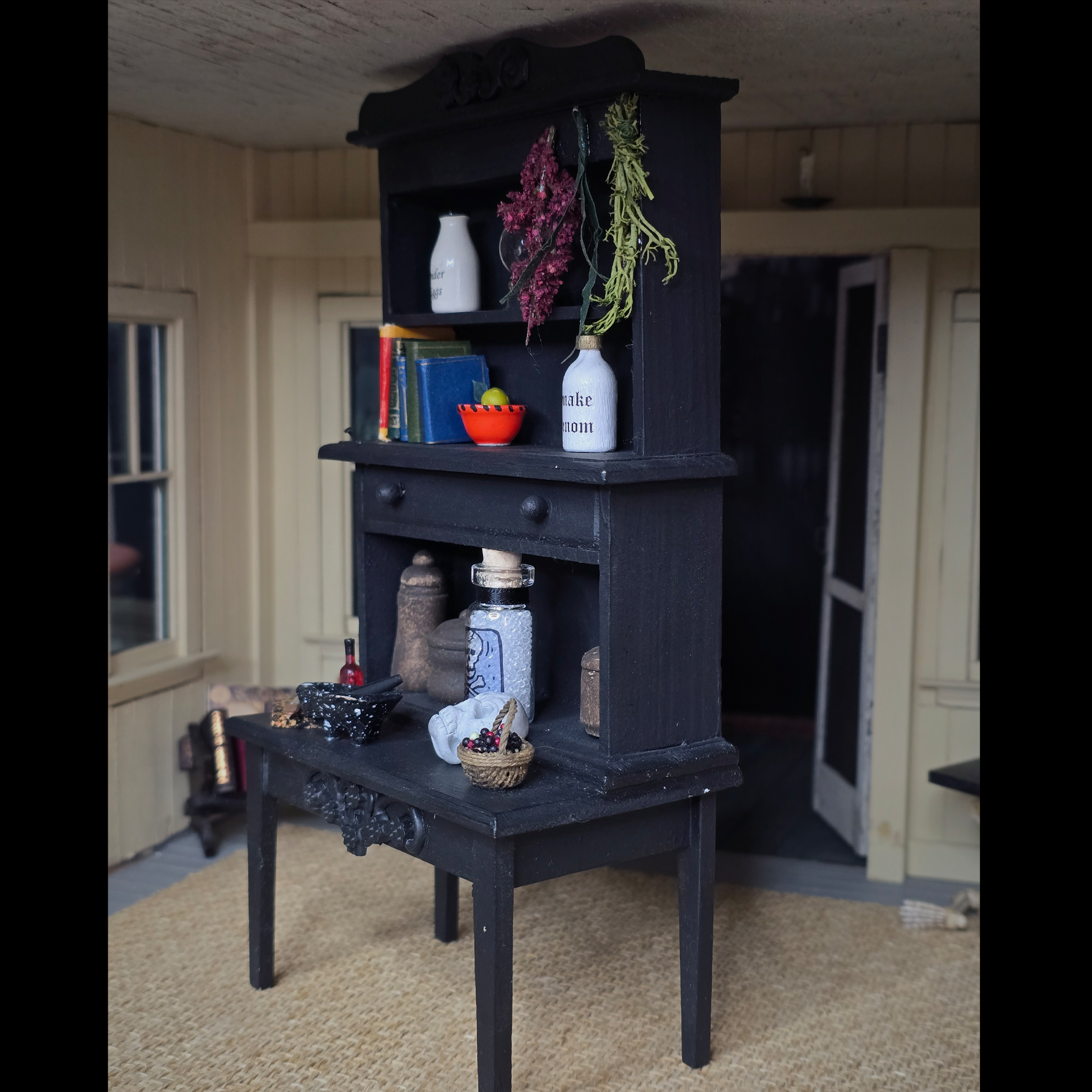 Halloween Witch’s Kitchen Hutch OOAK Black Wood, Dressed with Potion Ingredients