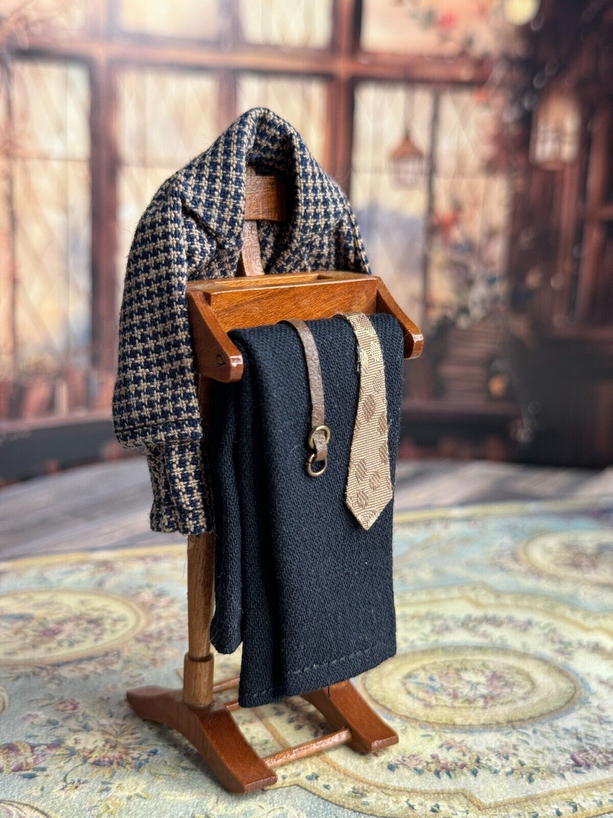 Vintage Wool & Silk Dressed Dollhouse Gentleman's Valet Stand, side view