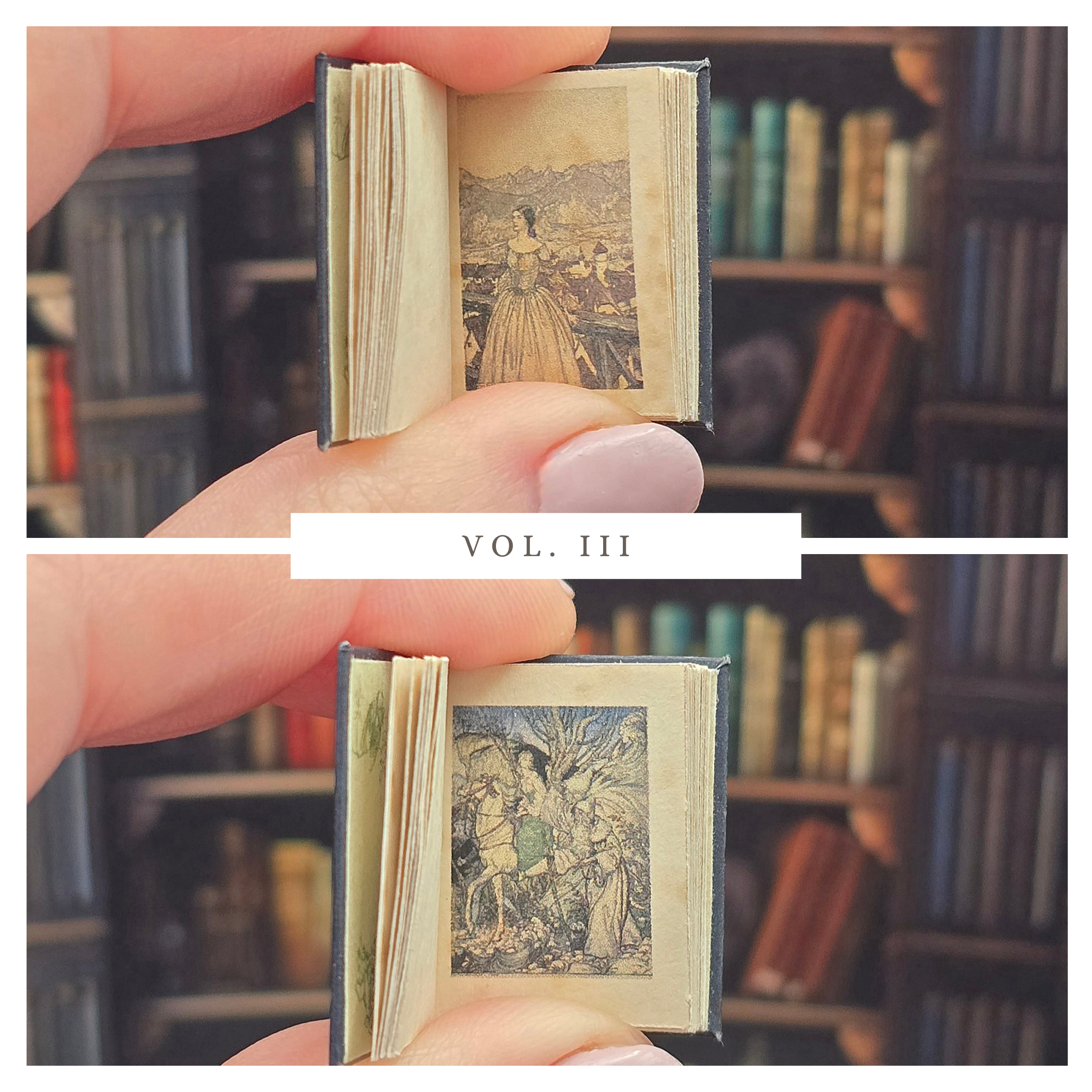 Miniature books with illustrations held by a hand in front of a bookshelf.