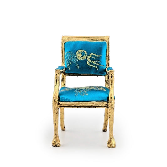 Artisan Gold-Leafed Blue Silk Upholstered Dollhouse Armchair