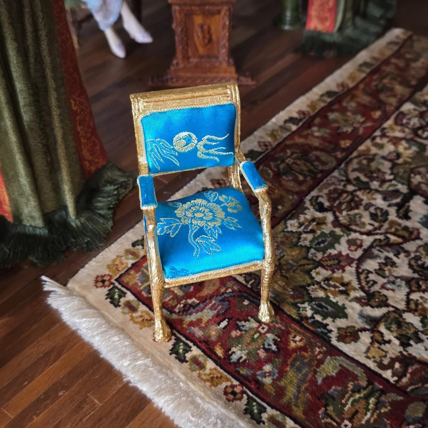 Artisan Gold-Leafed Blue Silk Upholstered Dollhouse Armchair