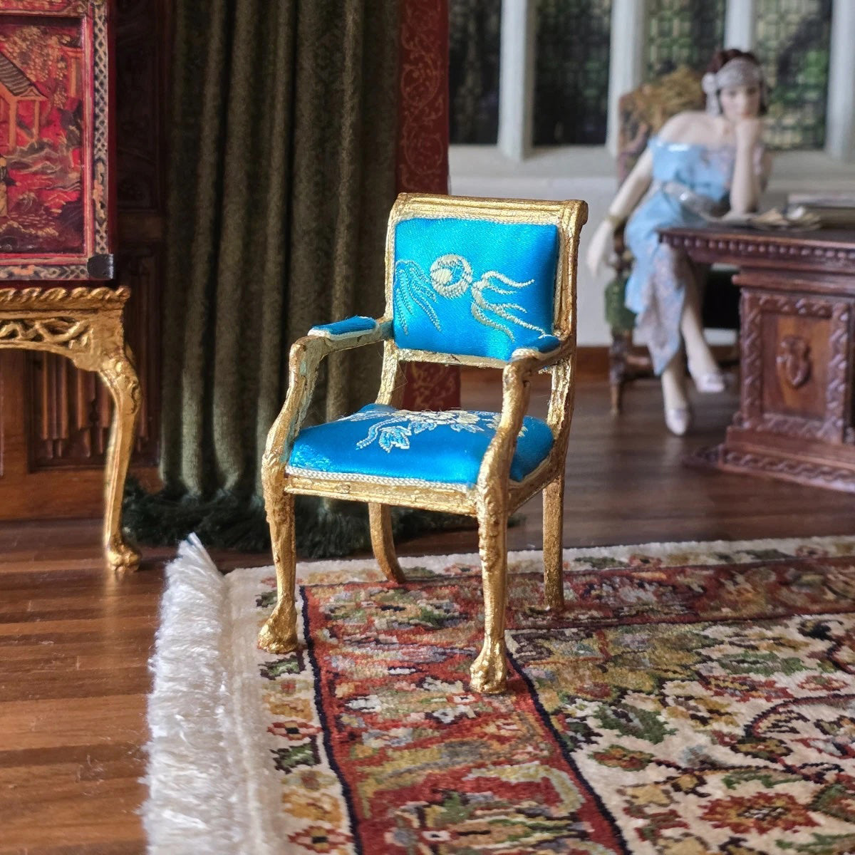 Artisan Gold-Leafed Blue Silk Upholstered Dollhouse Armchair