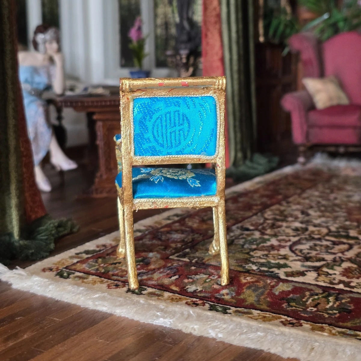 Artisan Gold-Leafed Blue Silk Upholstered Dollhouse Armchair