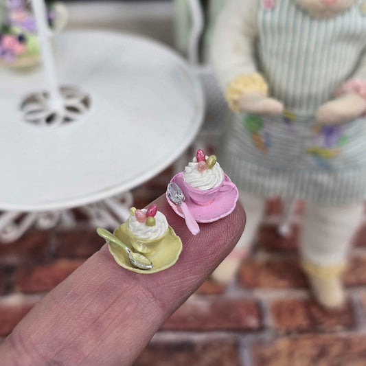 Pair Pink & Yellow Easter Teacups with Whipped Cream & Jelly Beans Paris Miniatures
