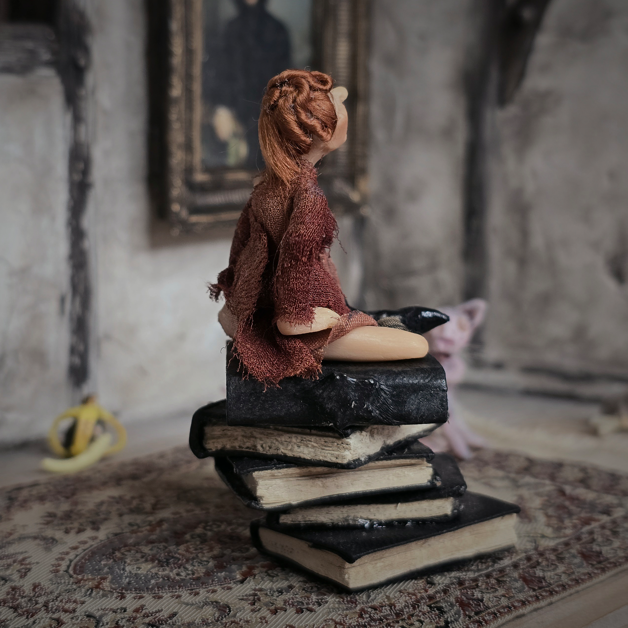 1:24 Scale Older Beggar Woman Clay Figure OOAK Handmade Miniature on Stack of Books