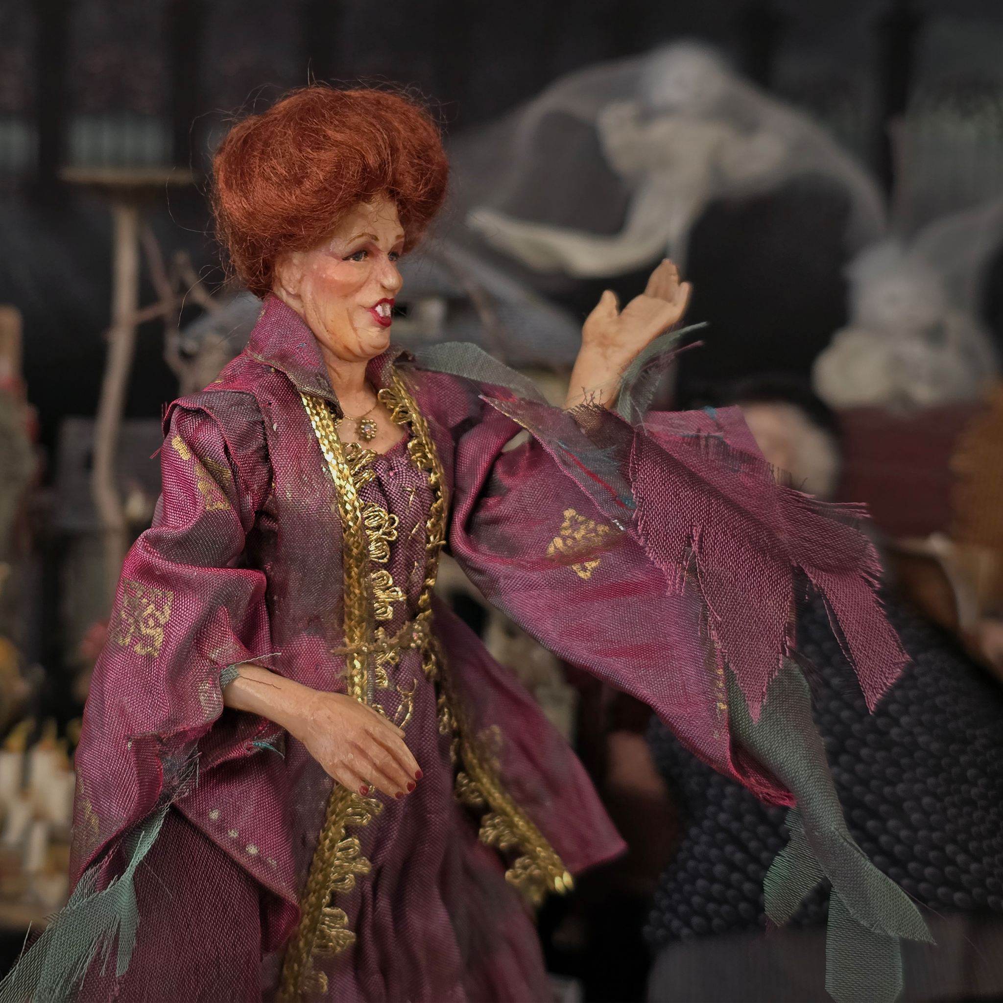 Vintage Miniature Character Doll OOAK Winifred Sanderson Doll Silk Gown Sculpted Clay
