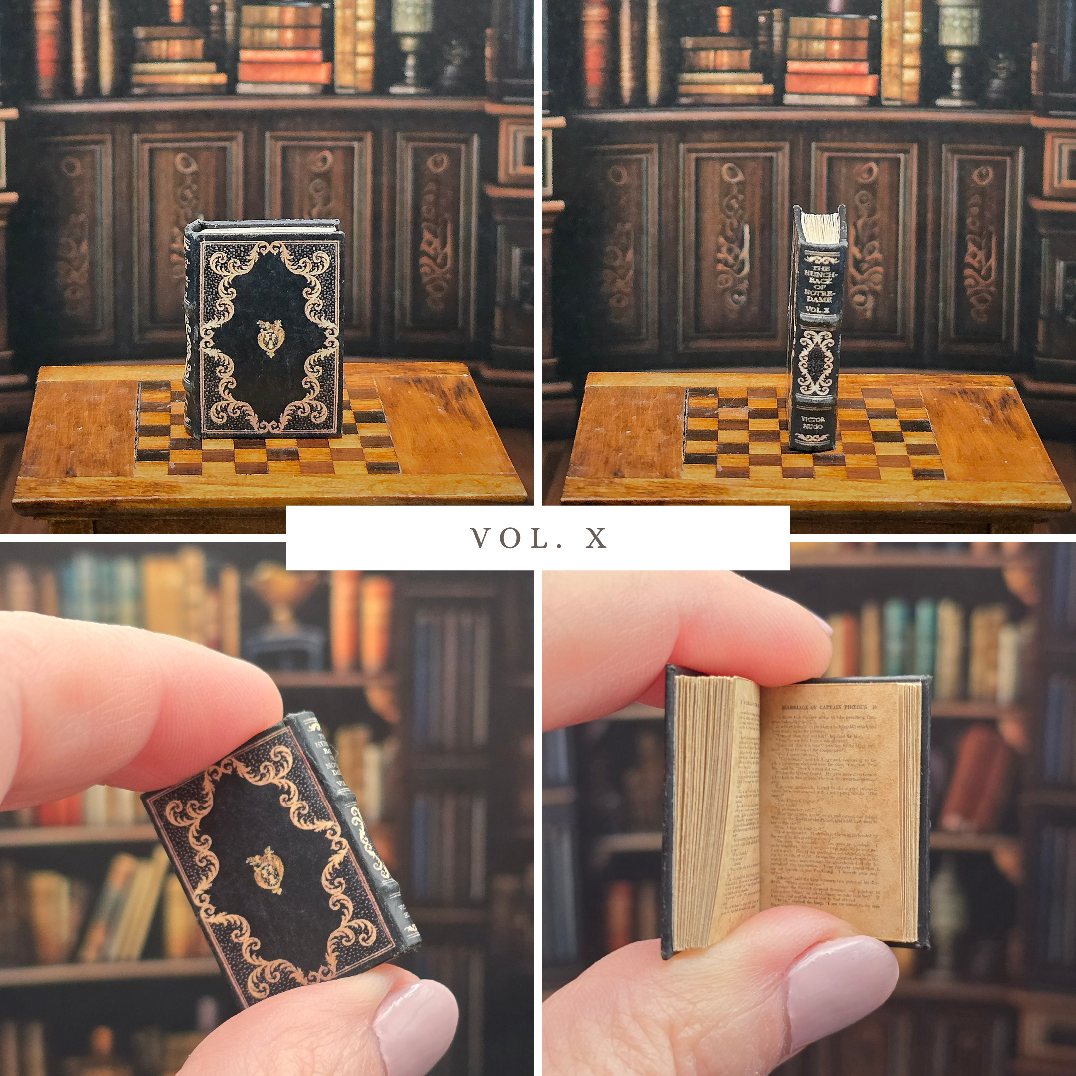 Collage of a miniature book with ornate cover and gold text, held by a hand in front of a bookshelf.