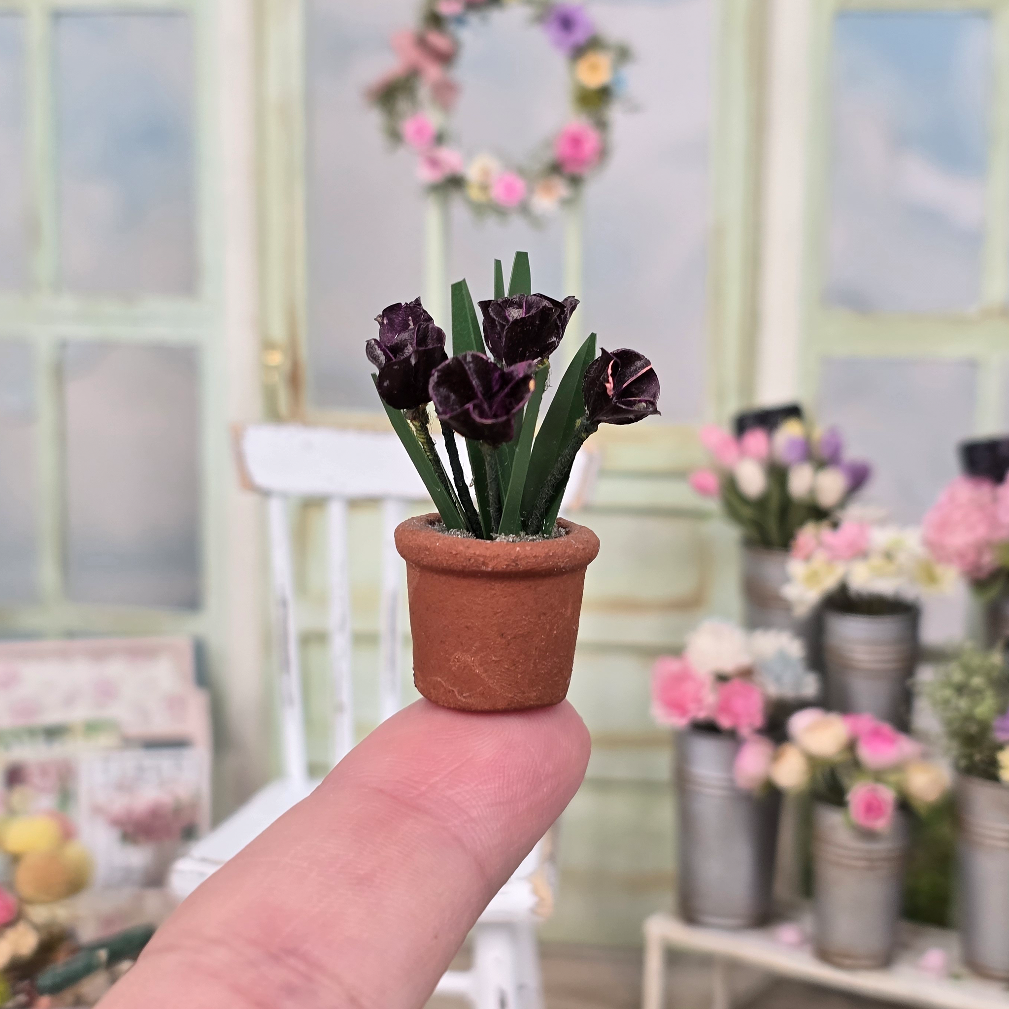 Potted Dark Purple Tulips Flowers in Planter Pot Vintage Artisan