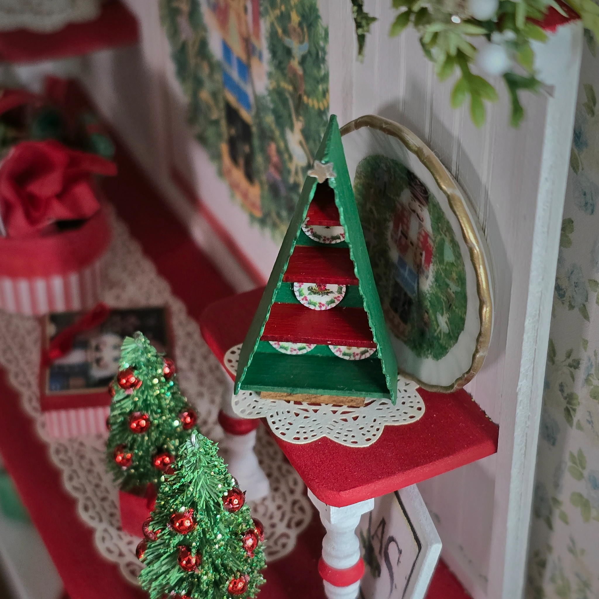 Signed Dollhouse Miniature Christmas Tree-Shaped Plate Display Box, top view